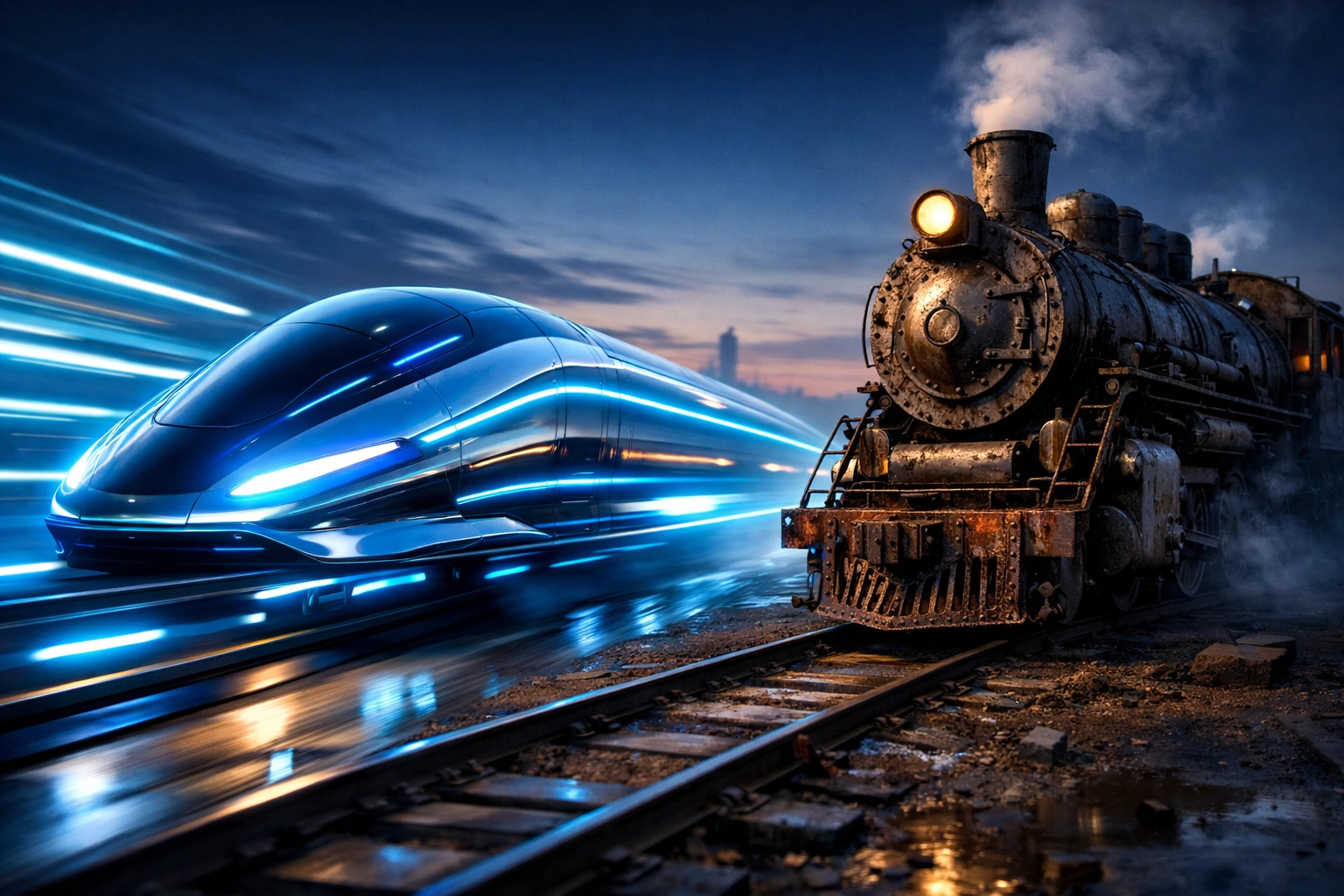 Wettbewerbsvorteil durch KI: Ein moderner Schnellzug überholt eine alte Dampflokomotive.