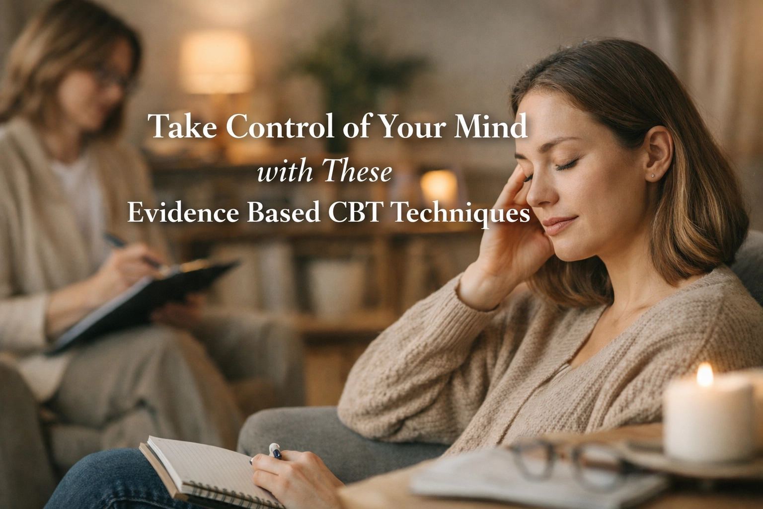 Woman sitting by a window journaling with a cup of tea, calm and reflective mood
