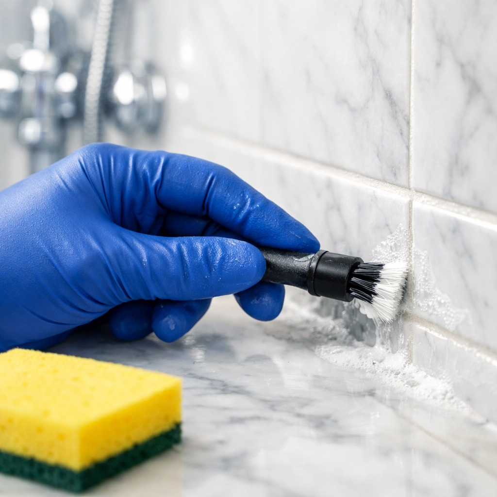 Professional hand scrubbing marble tile grout during a deep cleaning in Carlisle bathroom.