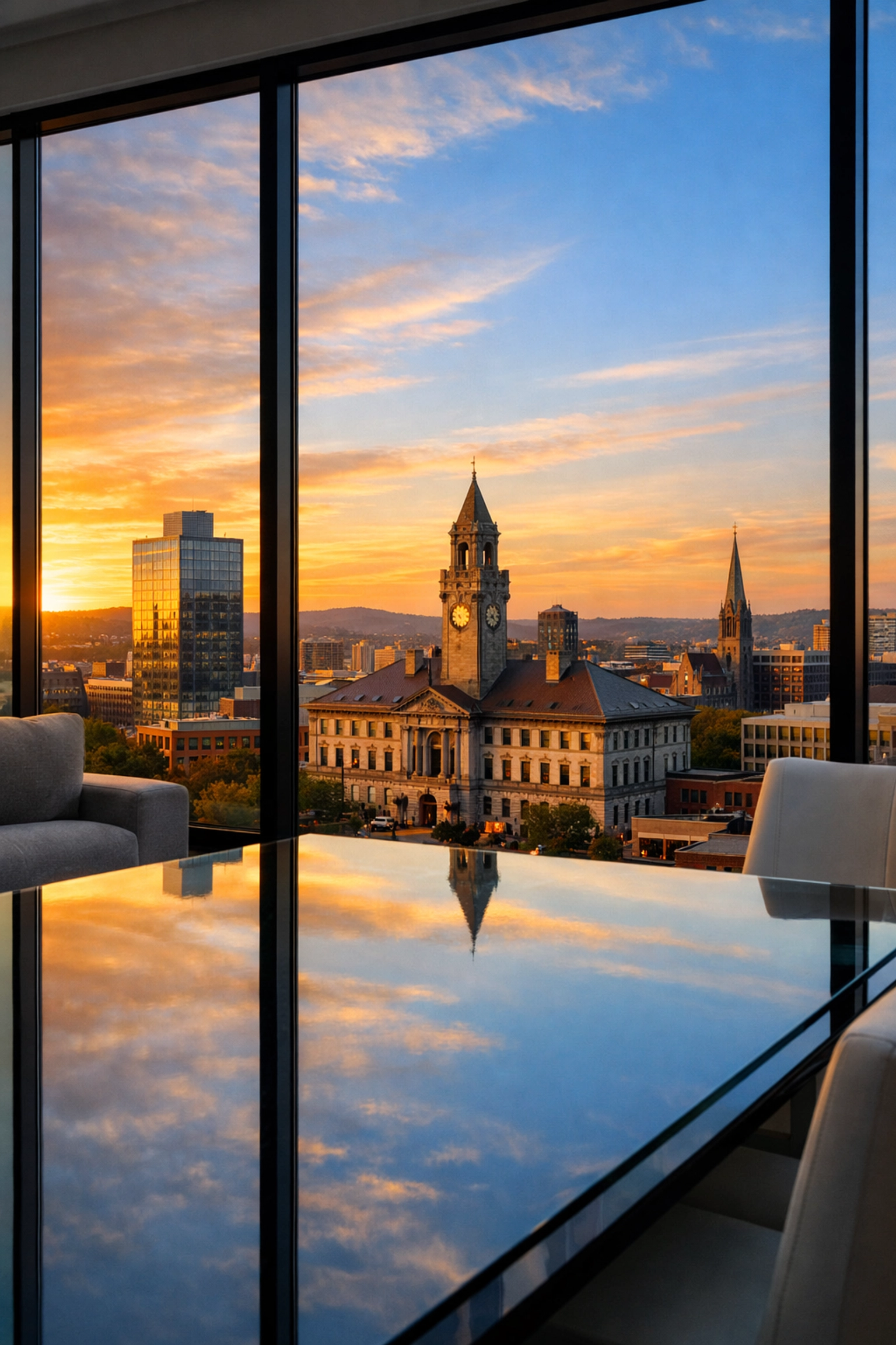Sparkling clean high-rise apartment overlooking the city skyline after house cleaning Worcester MA.