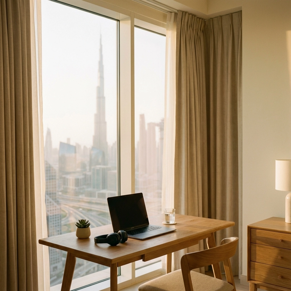 Dubai home office space with laptop and city view, highlighting benefits of online chemistry tutoring for UK university preparation.