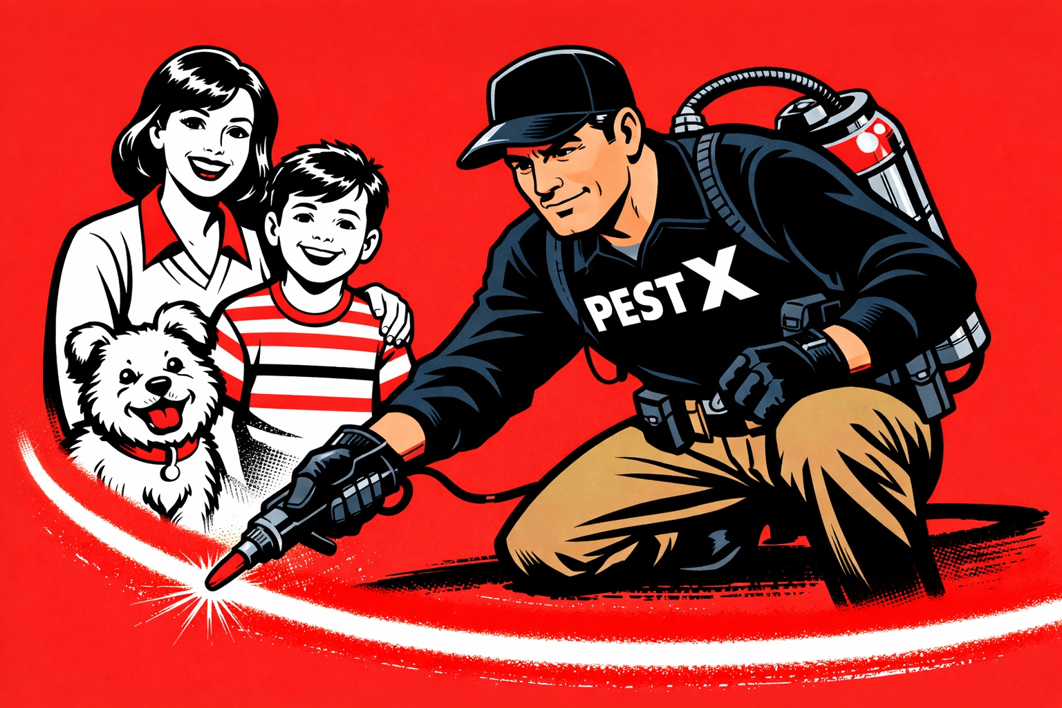 Pest X technician applying child and pet safe pest control to protect a Jasper family and their dog.
