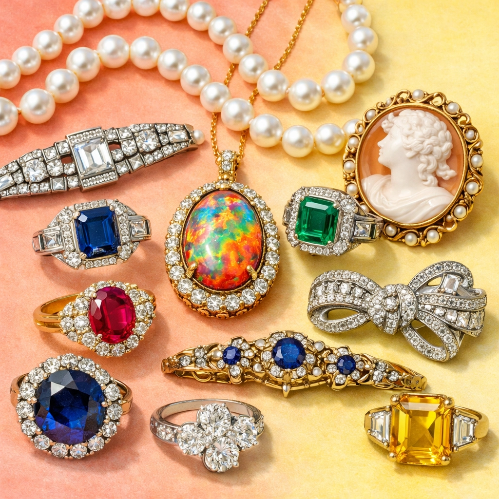 Elegant unique estate jewelry collection featuring a classic pearl necklace and a fiery opal pendant.