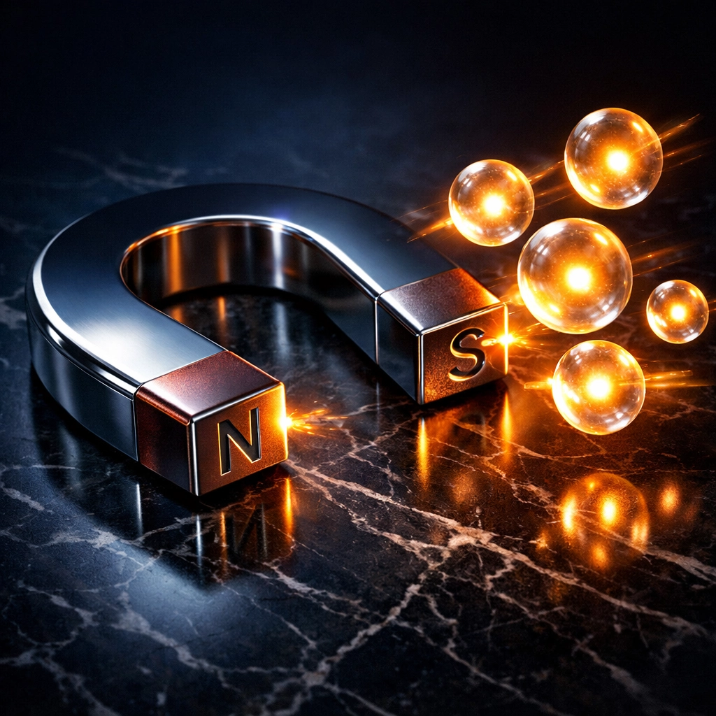 A powerful magnet attracting glowing orbs, symbolizing lead generation and social media management services.