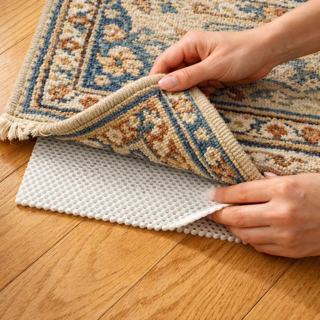 Securing an area rug with a non-slip pad on hardwood floors to prevent tripping and falls.