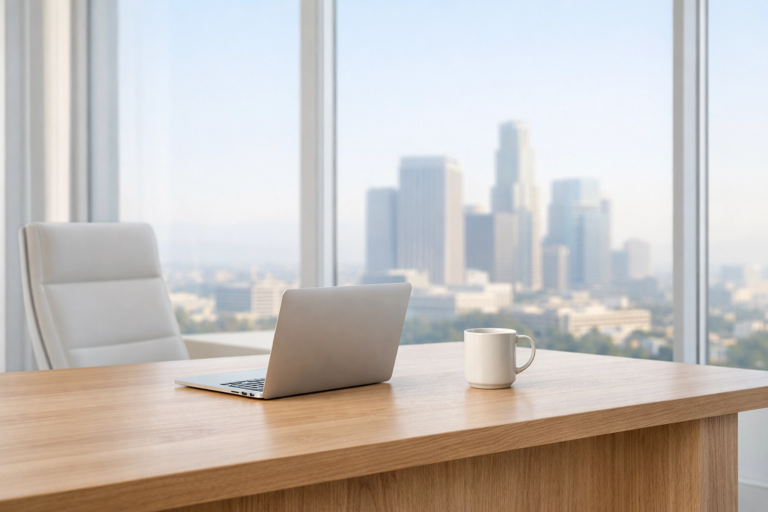Modern executive desk with a laptop representing professional delegation and tax service bureau leadership.