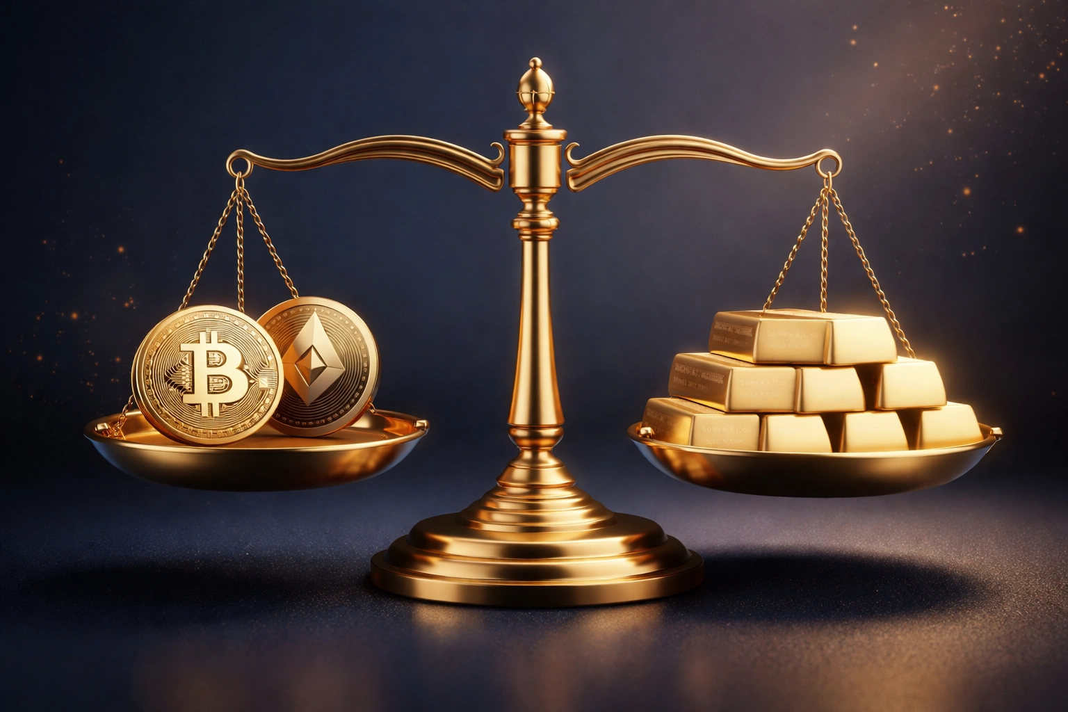 Balanced scale with Bitcoin, Ethereum, and gold bars representing diversified crypto and traditional asset allocation