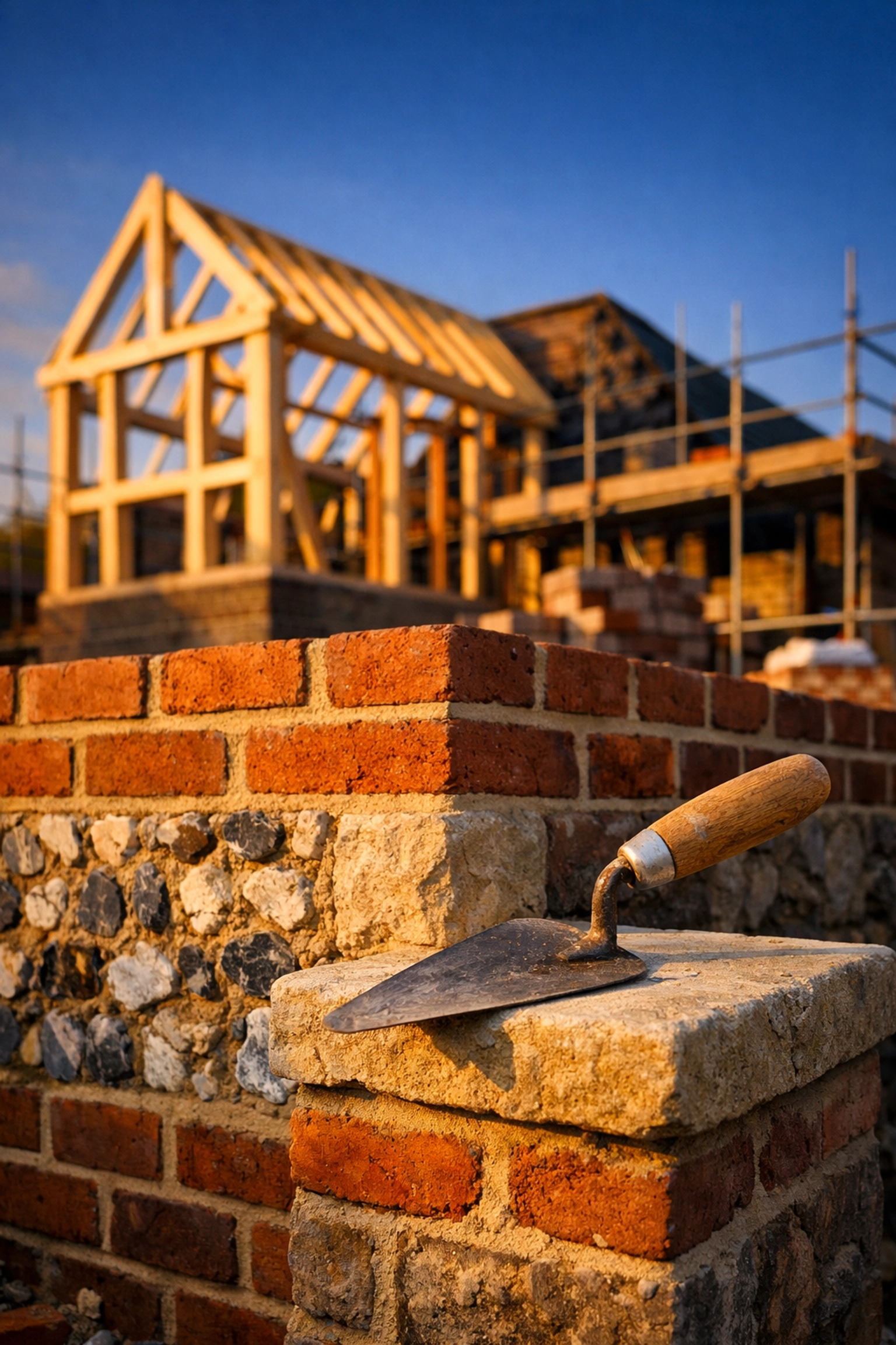 Quality brick and flint craftsmanship on a West Sussex home extension construction site.