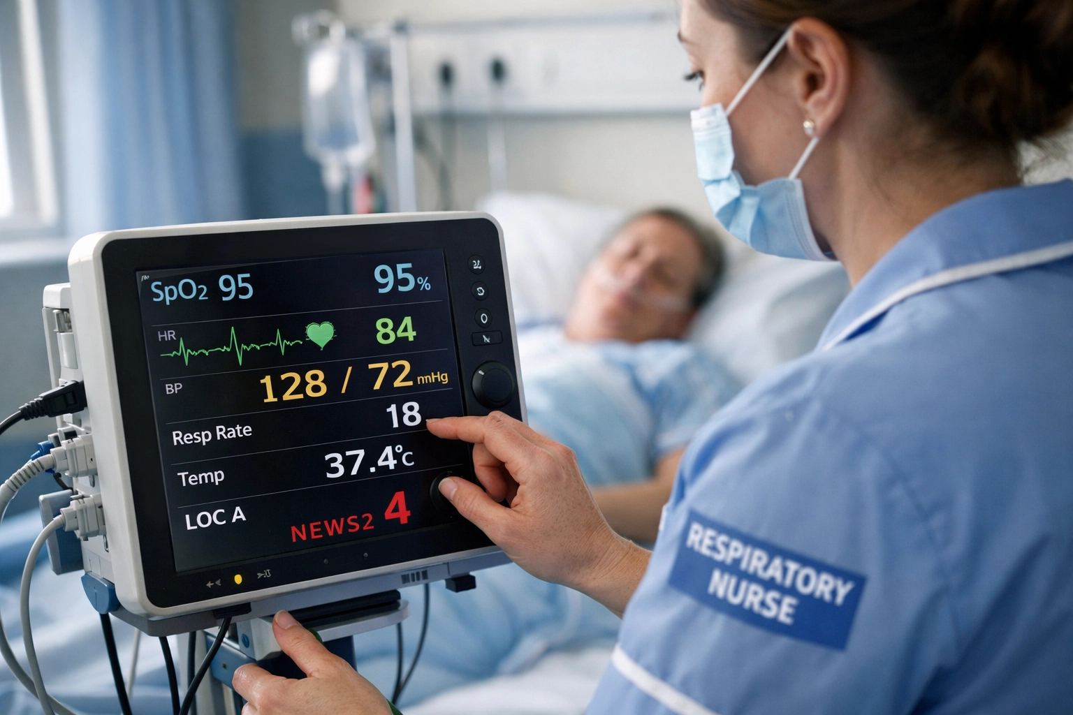 Respiratory nurse monitoring NEWS2 vital signs on hospital ward to prevent patient deterioration
