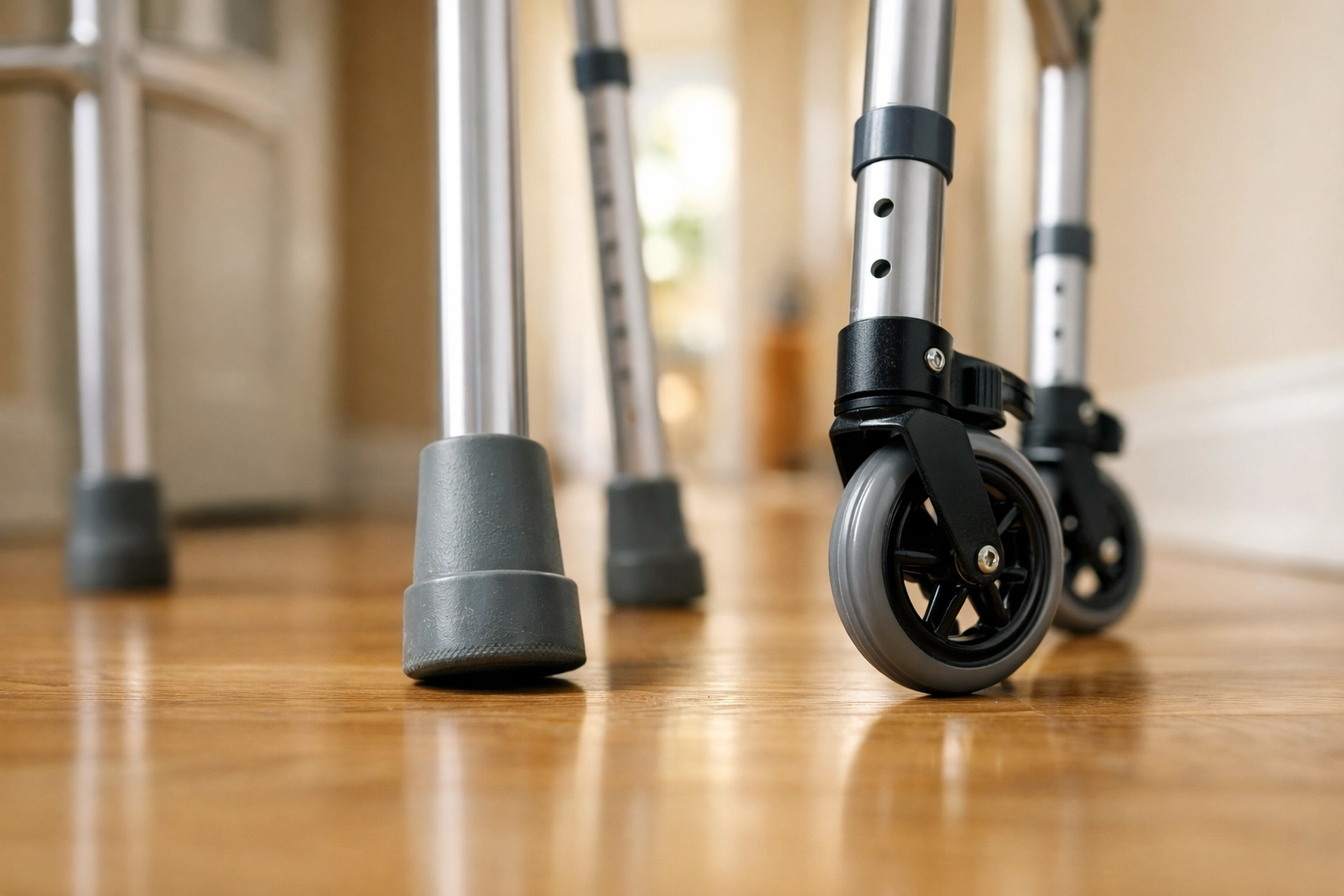 Comparison of a standard walker with rubber tips and a two-wheeled walker for senior mobility support.