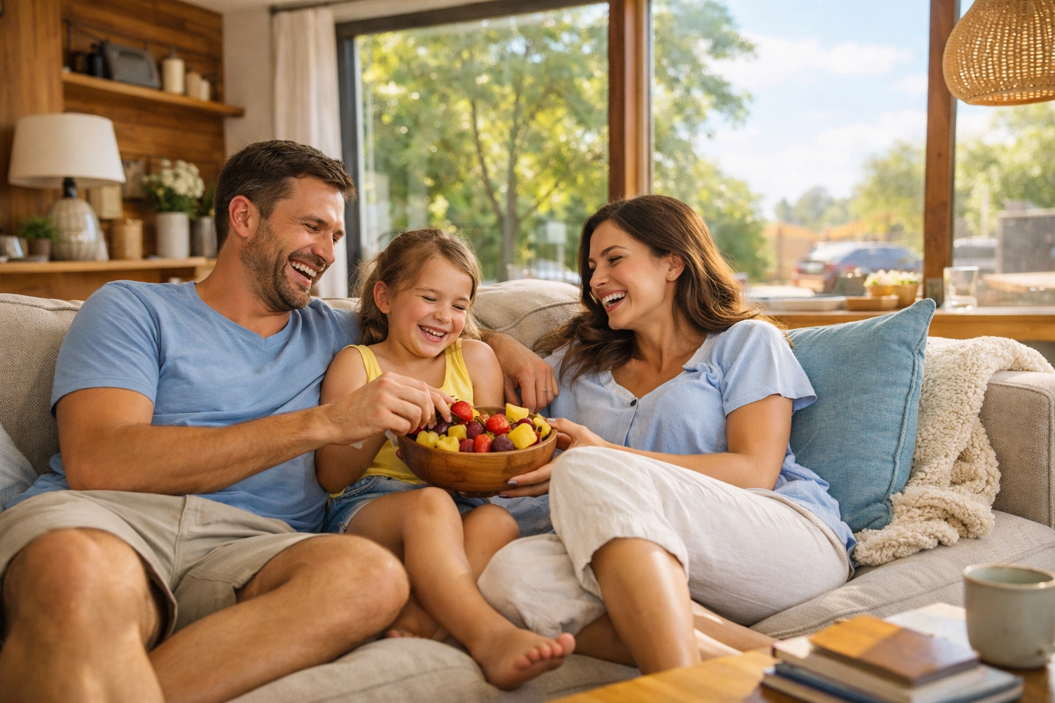 A family relaxes in a cool Pearland home, enjoying the comfort of a professionally installed HVAC system.