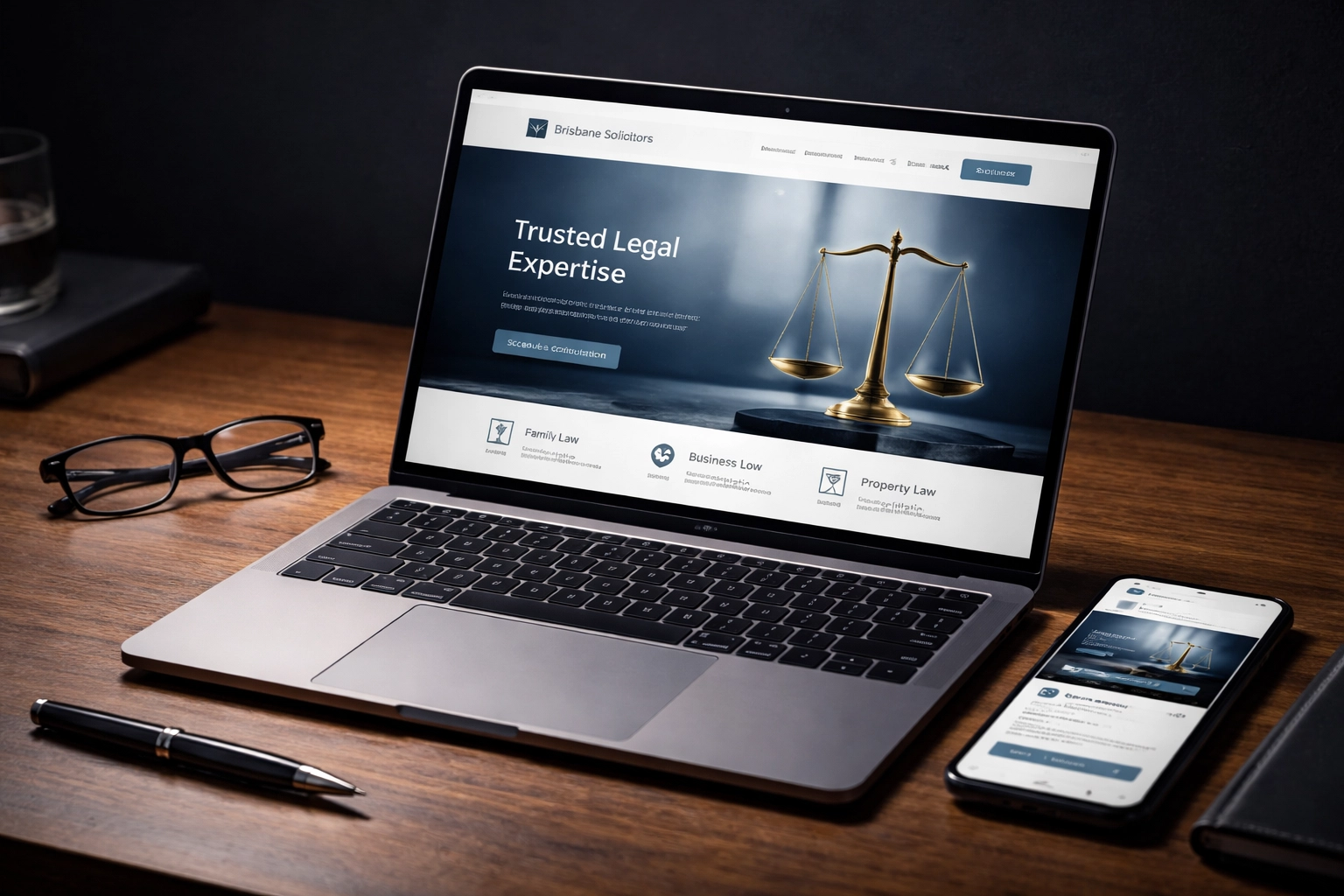 Modern Brisbane solicitor's office desk with laptop and smartphone displaying optimized legal website interface