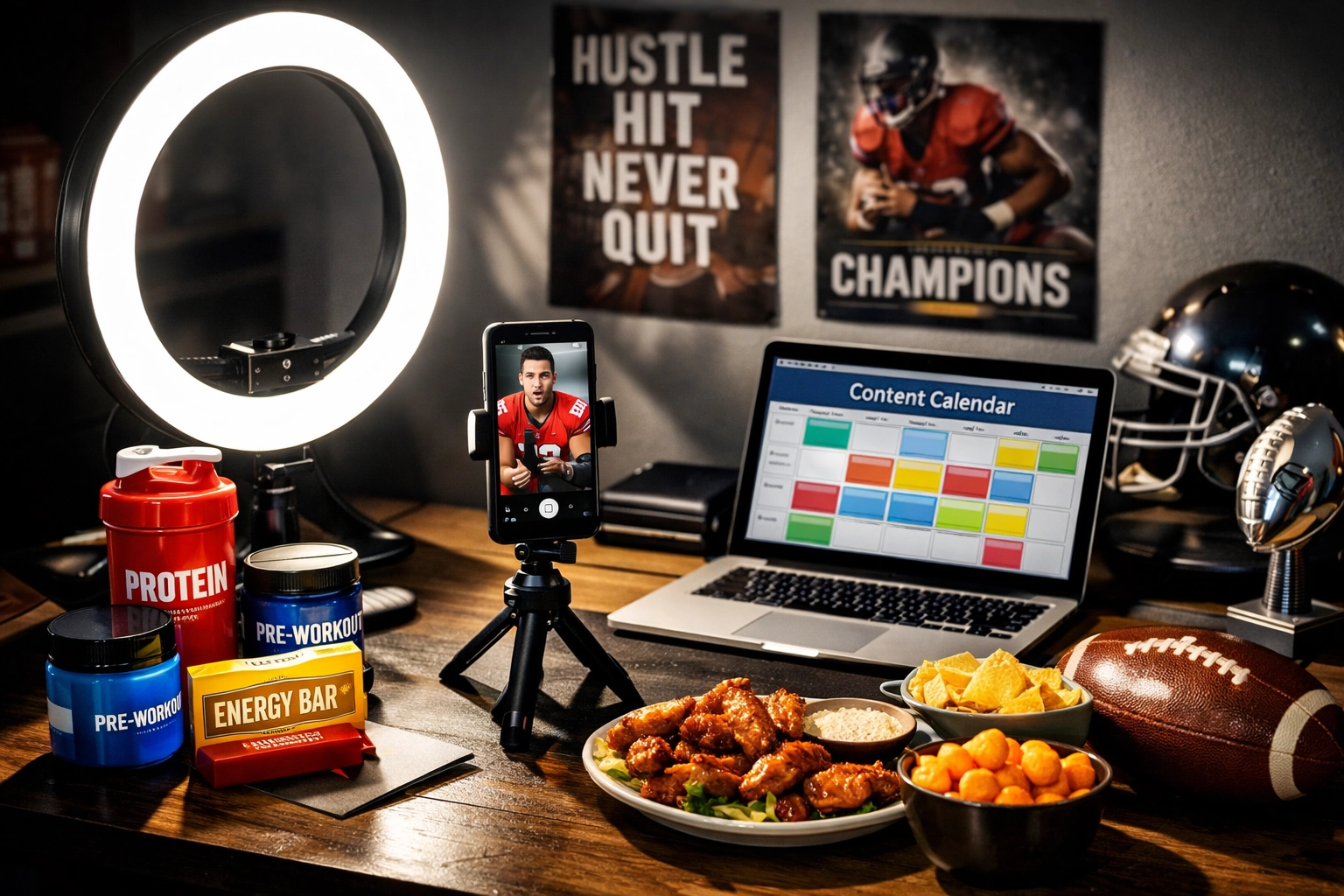 Professional athlete content creation setup with smartphone and branded products for NIL marketing