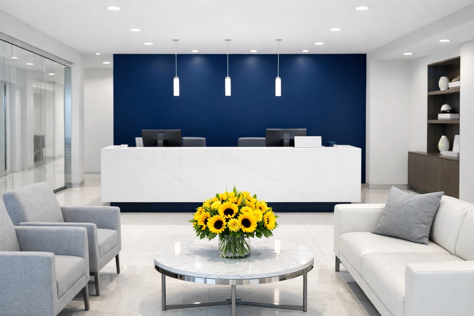 Pristine law office reception area with a clean white desk and professional navy blue and yellow accents.