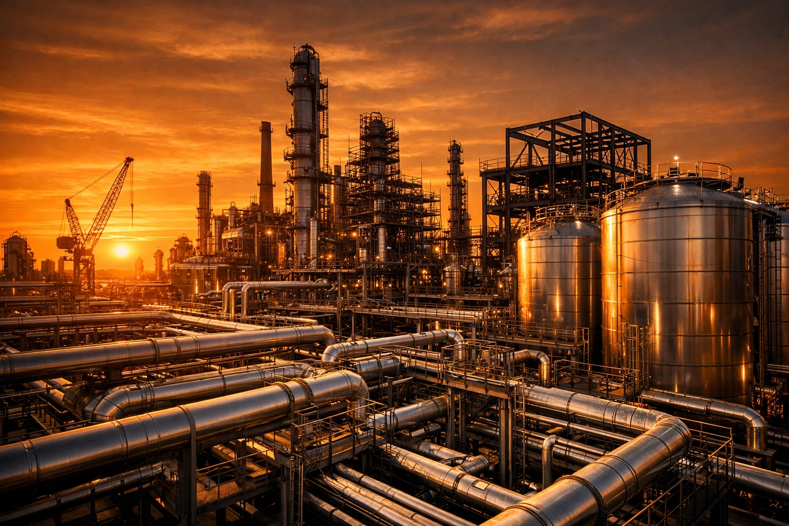 Large-scale process plant installation under construction showing stainless steel piping and storage tanks.