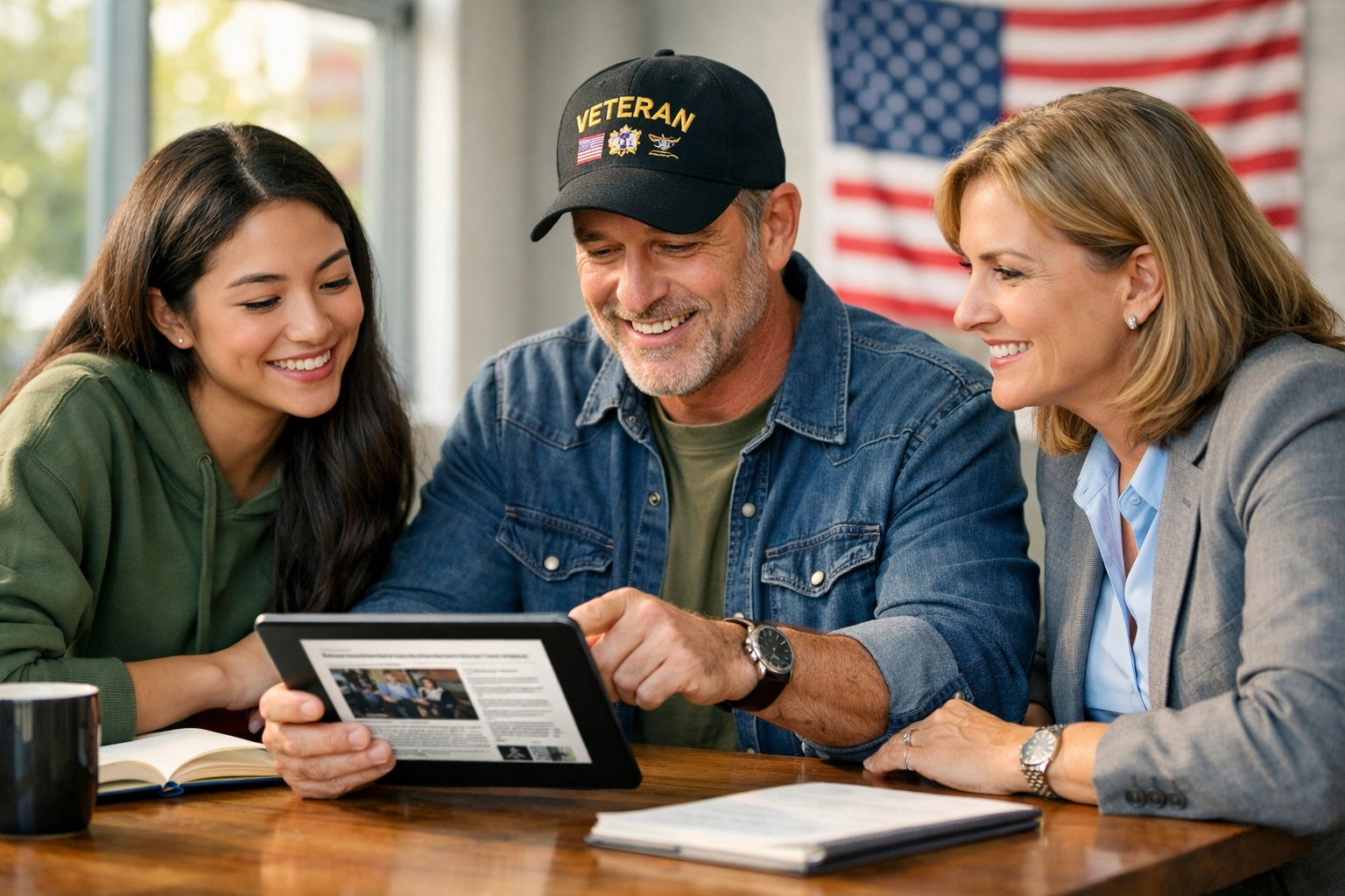 Diverse citizens in a community center discussing the latest updates and milestones for civic unity.