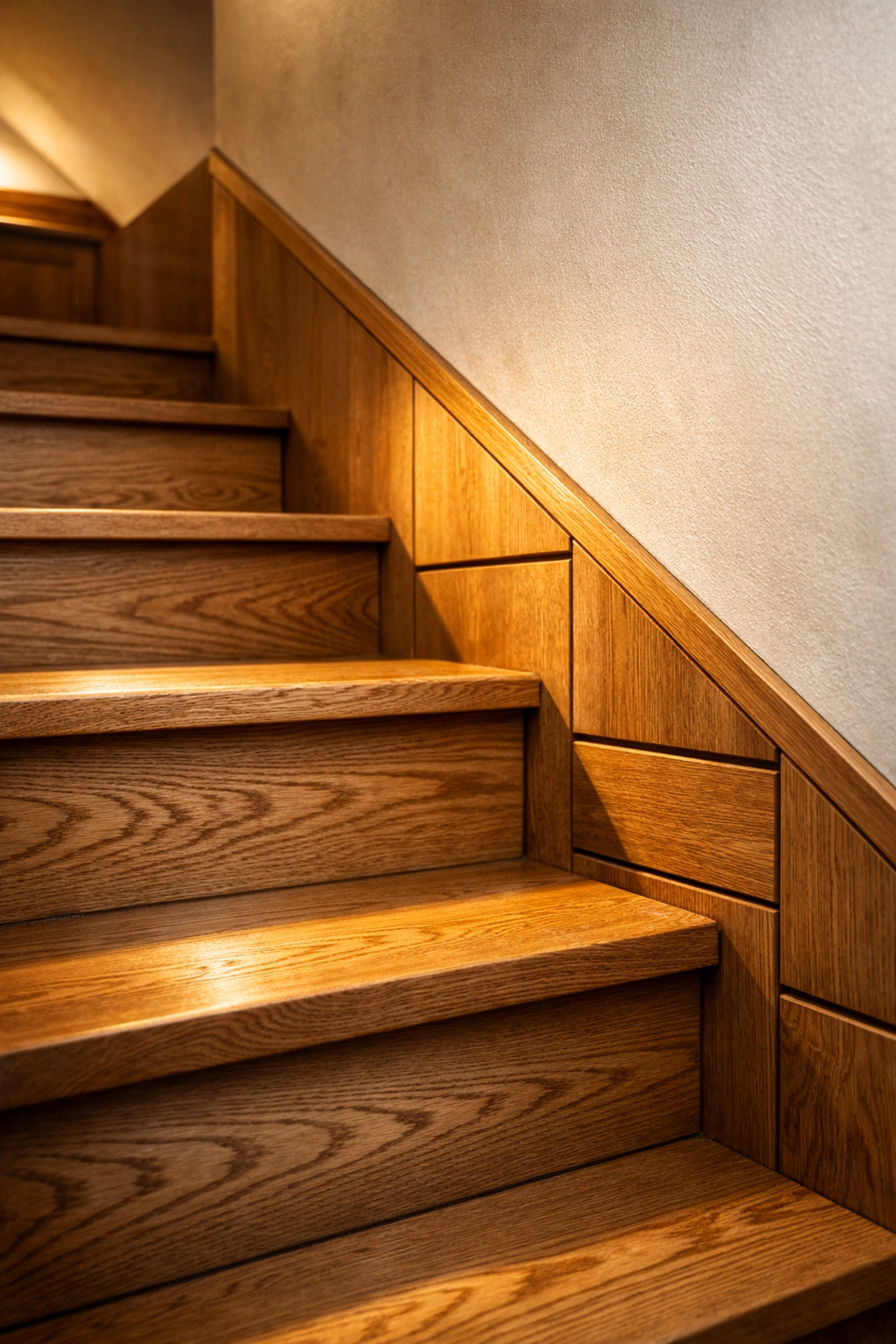 Bespoke oak staircase and custom integrated storage in a professionally finished loft conversion.