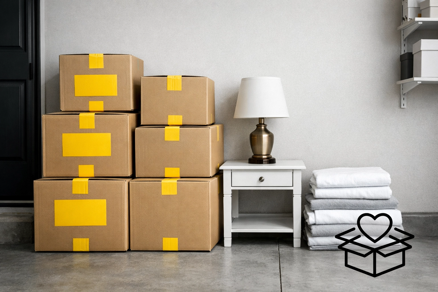 Donation boxes and household goods staged for Furniture Bank of Central Ohio pickup in Columbus