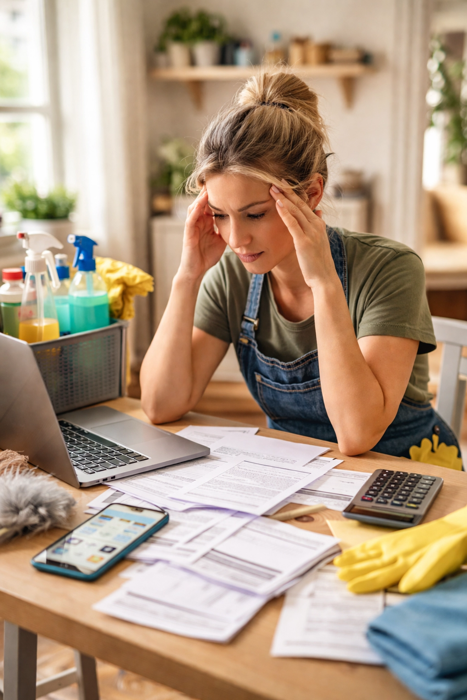 Independent cleaner feeling overwhelmed while managing solo cleaning business tasks at home office desk