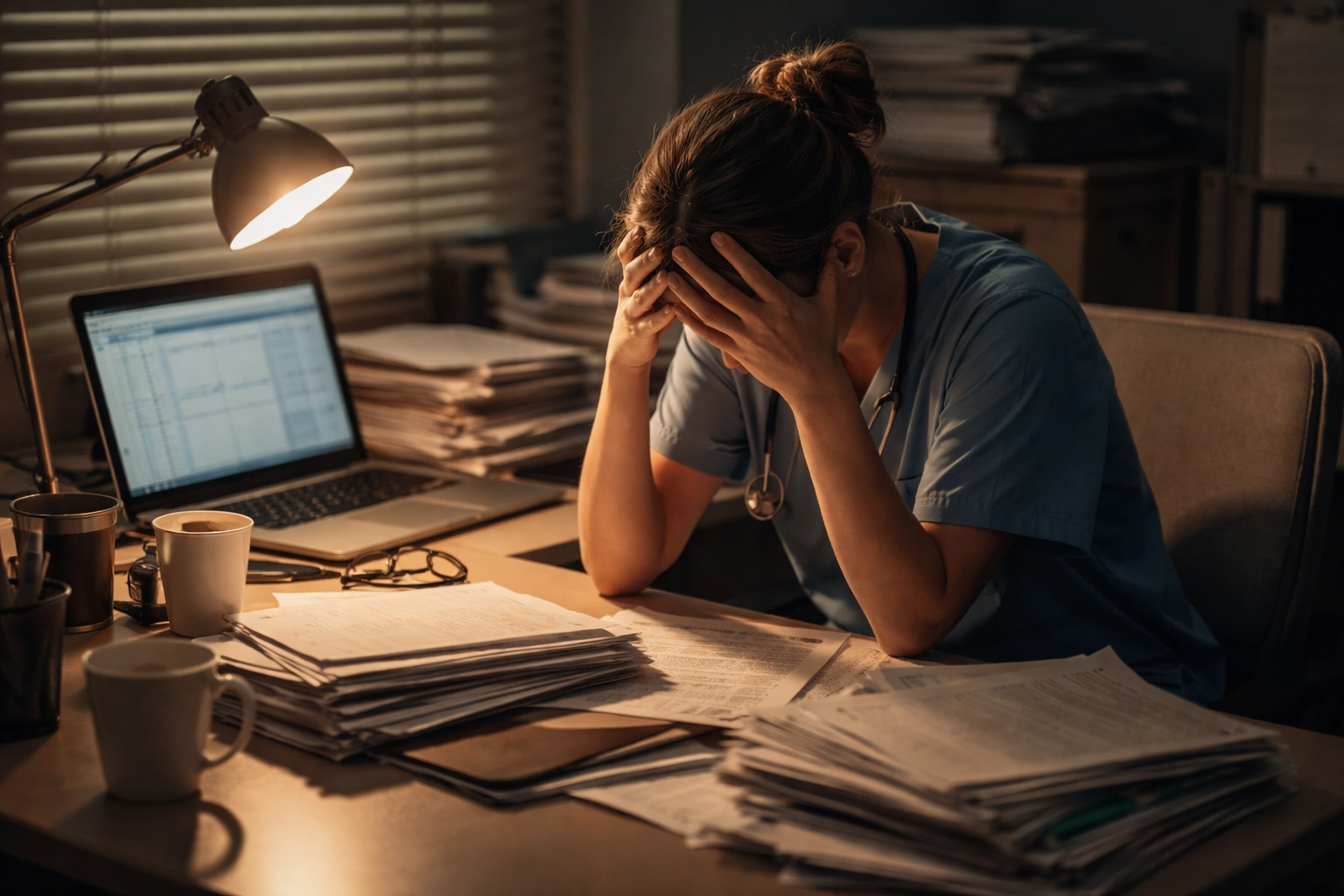 Exhausted healthcare professional at a cluttered desk, illustrating burnout from overworking in medical practices