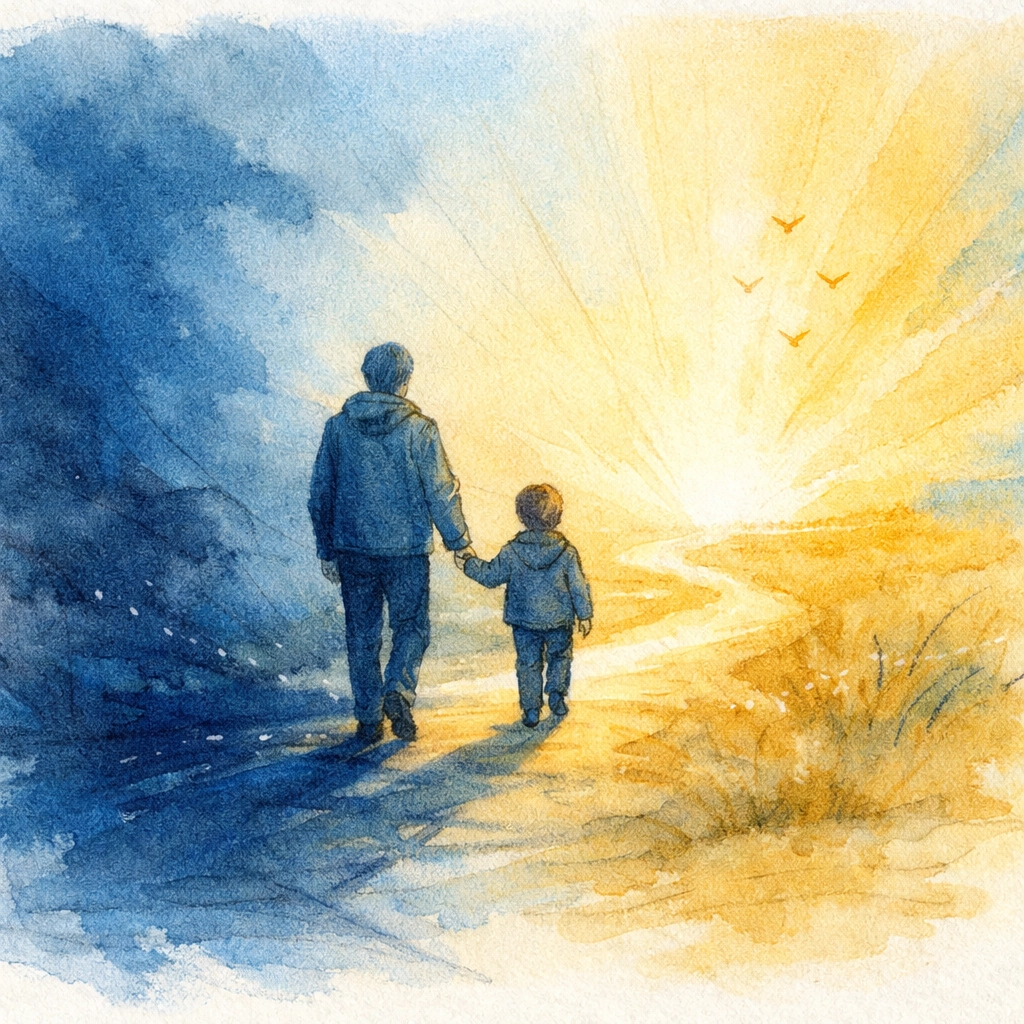 Parent and child walking hand in hand from darkness toward hopeful light