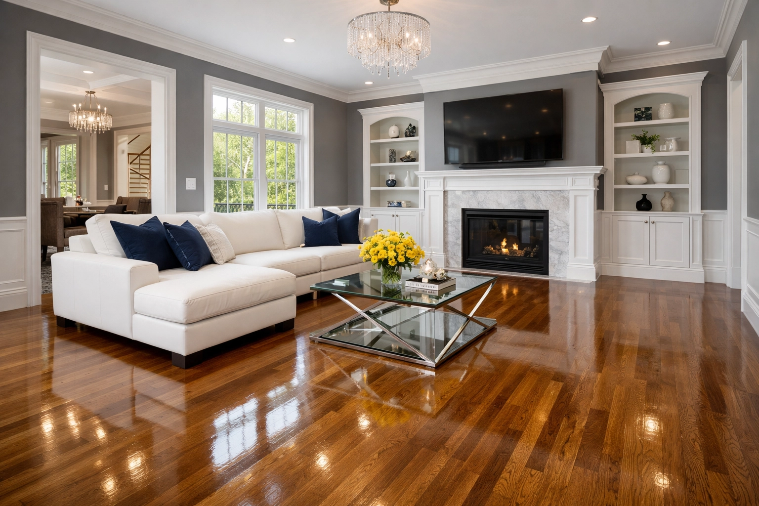 Sparkling dust-free living room following a successful post-construction cleaning in Southborough.