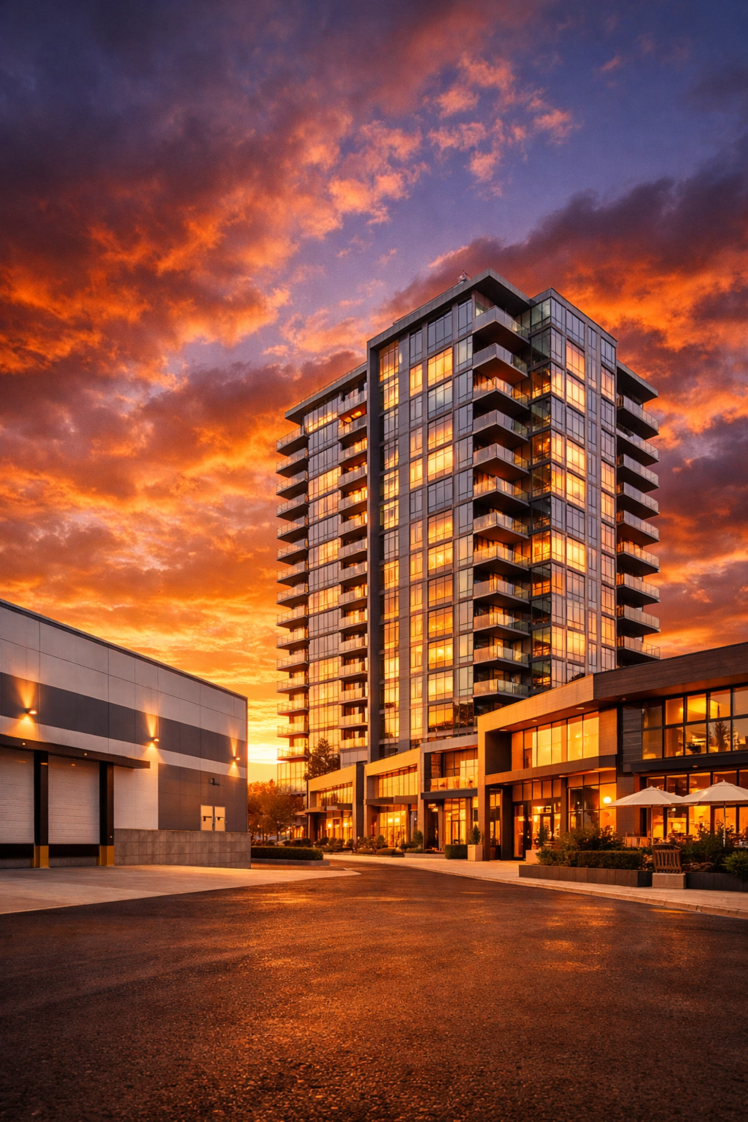 Modern commercial real estate development with multifamily apartments and industrial properties