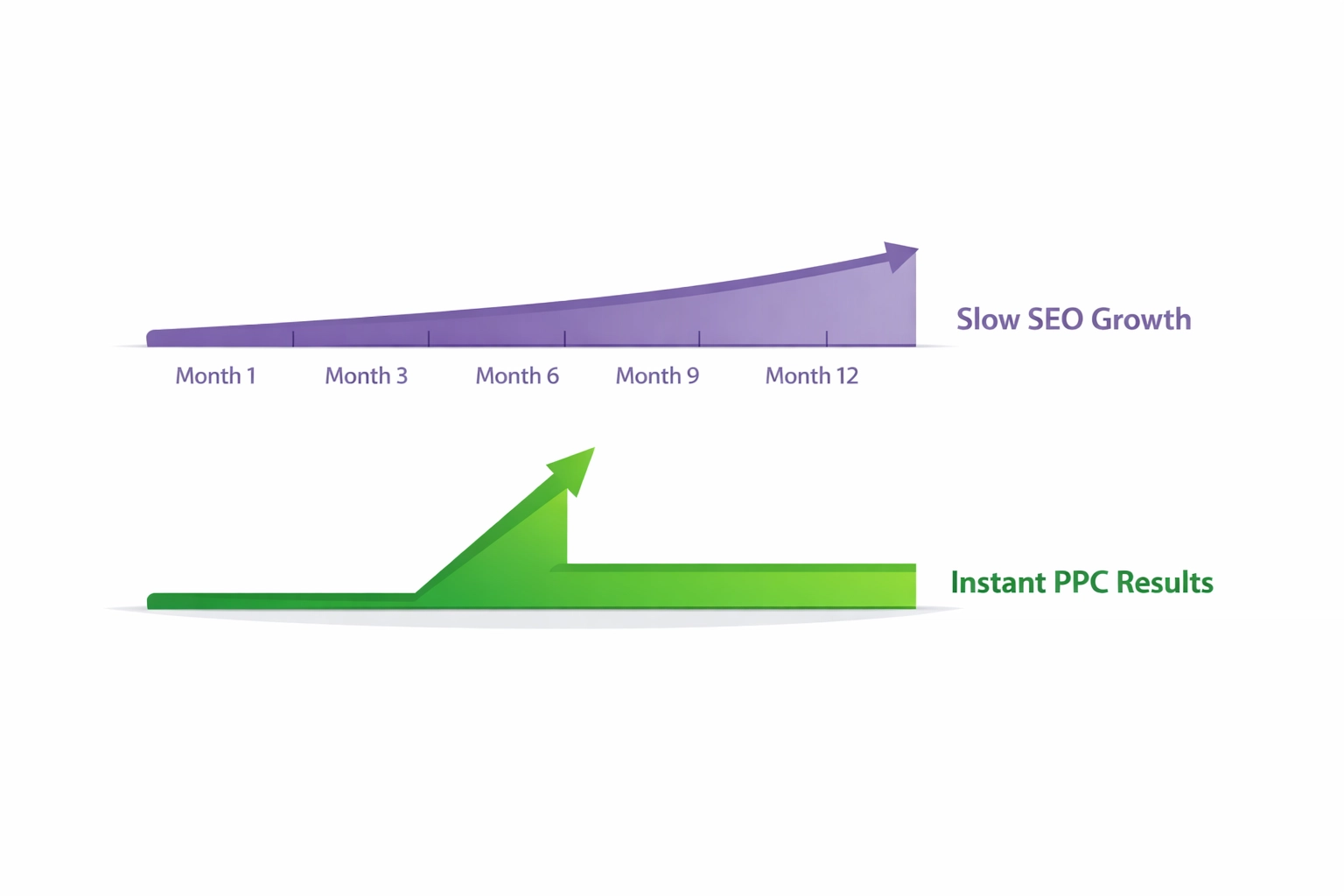 Timeline comparison showing immediate PPC results versus gradual SEO growth over 12 months