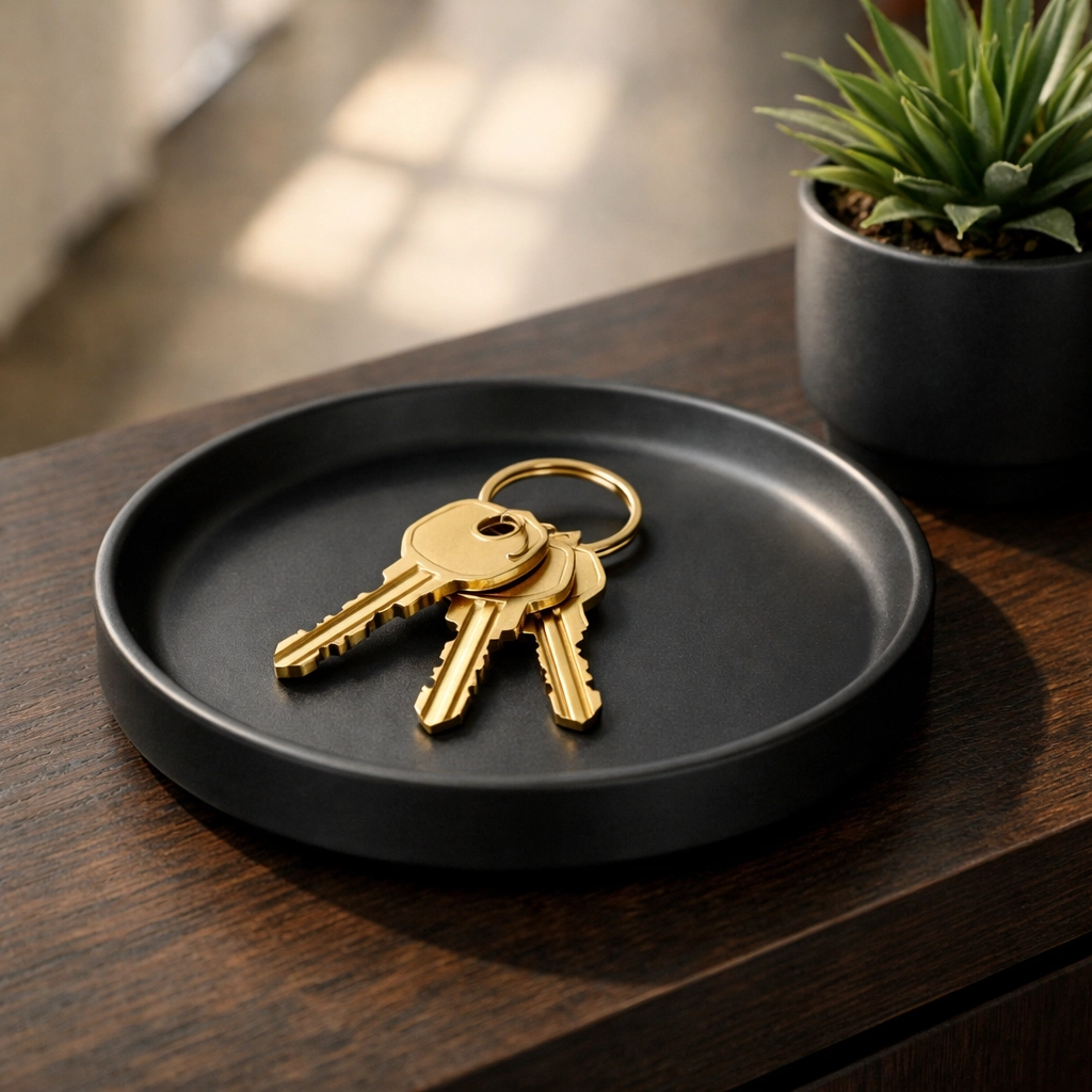 Gold keys on a matte black tray symbolizing professional property management and tenancy handover in Kent.