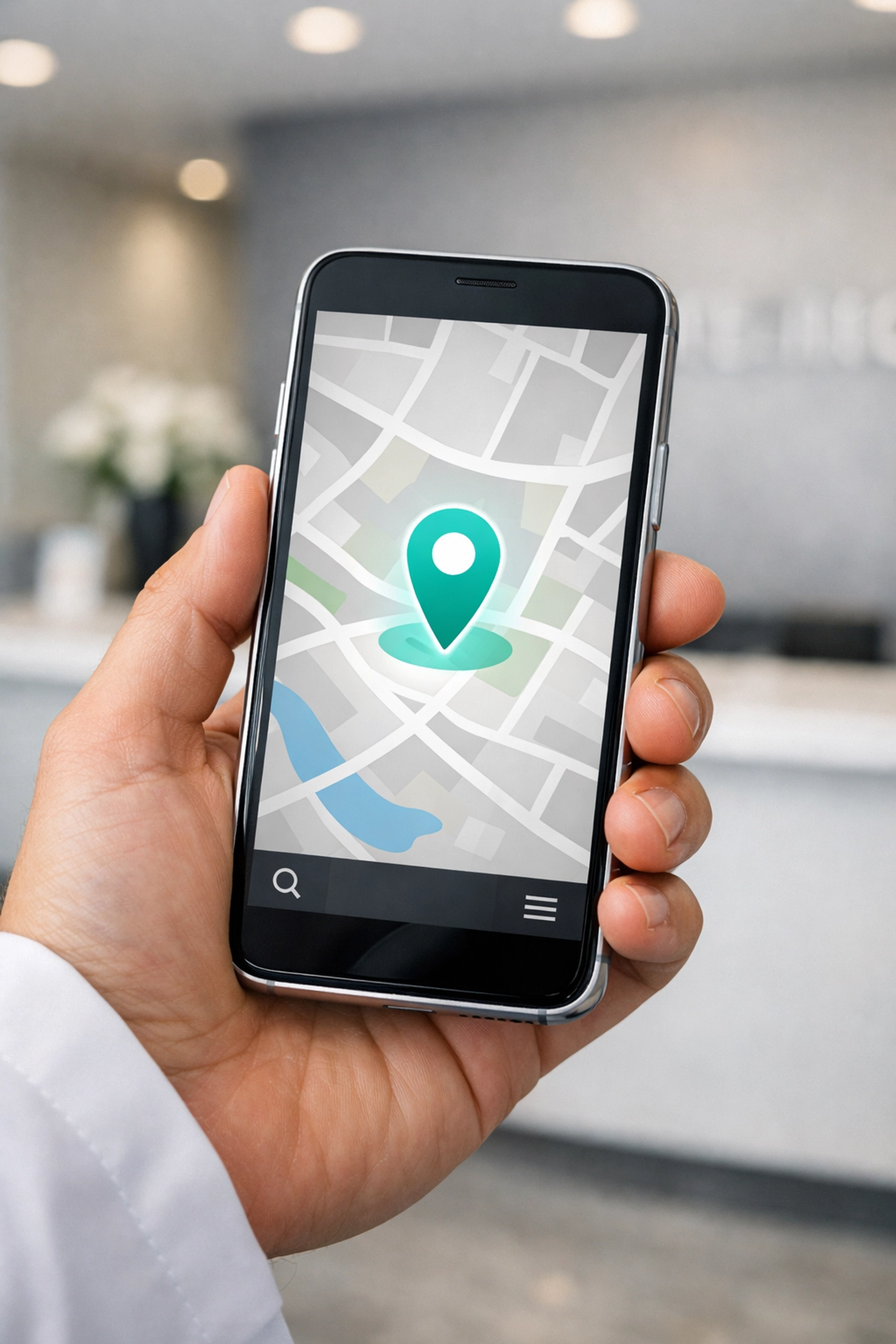 A practitioner holding a smartphone showing a local map pin, representing chiropractic local SEO visibility.