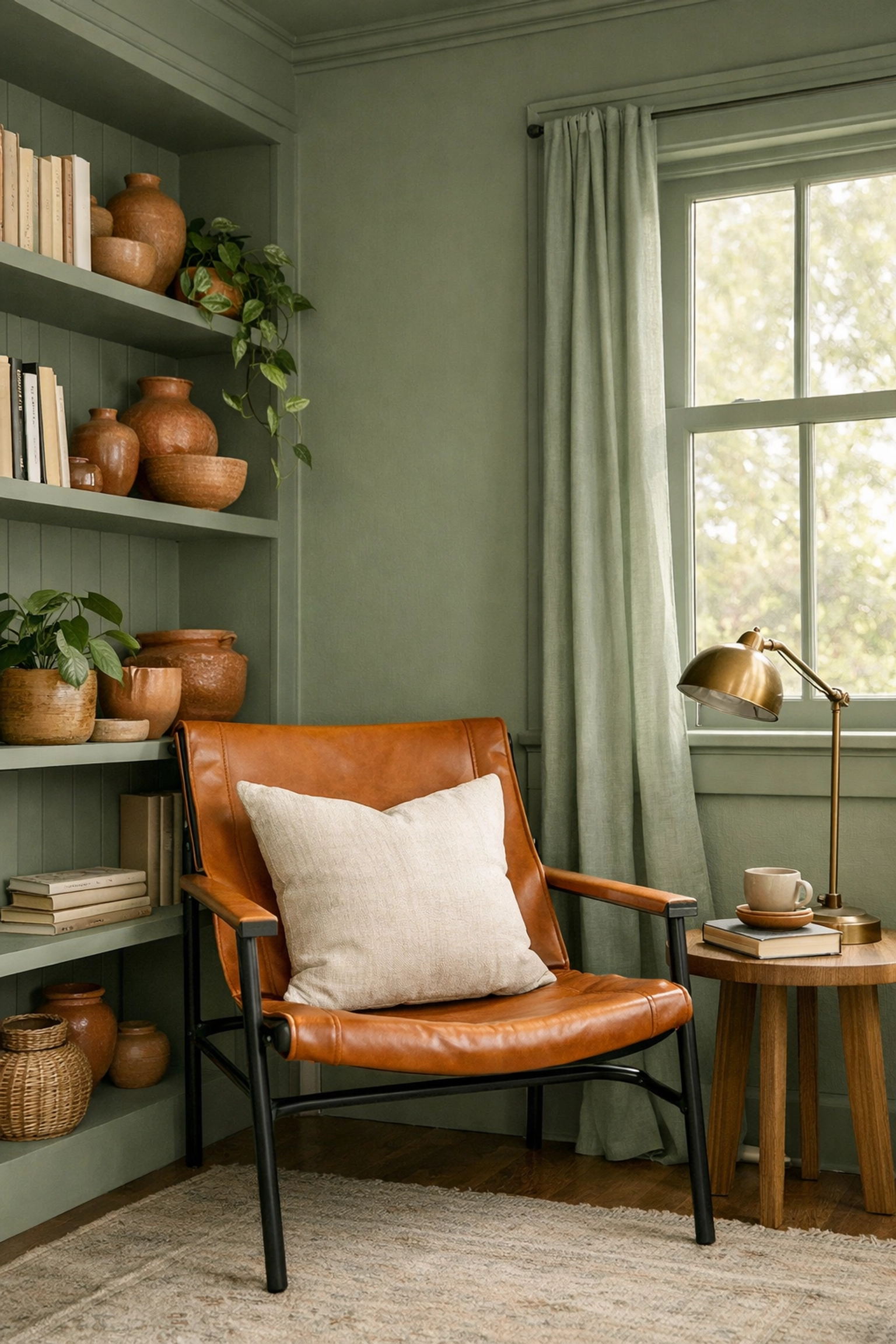 Sophisticated sage green reading nook showcasing the 2026 color drenching trend.