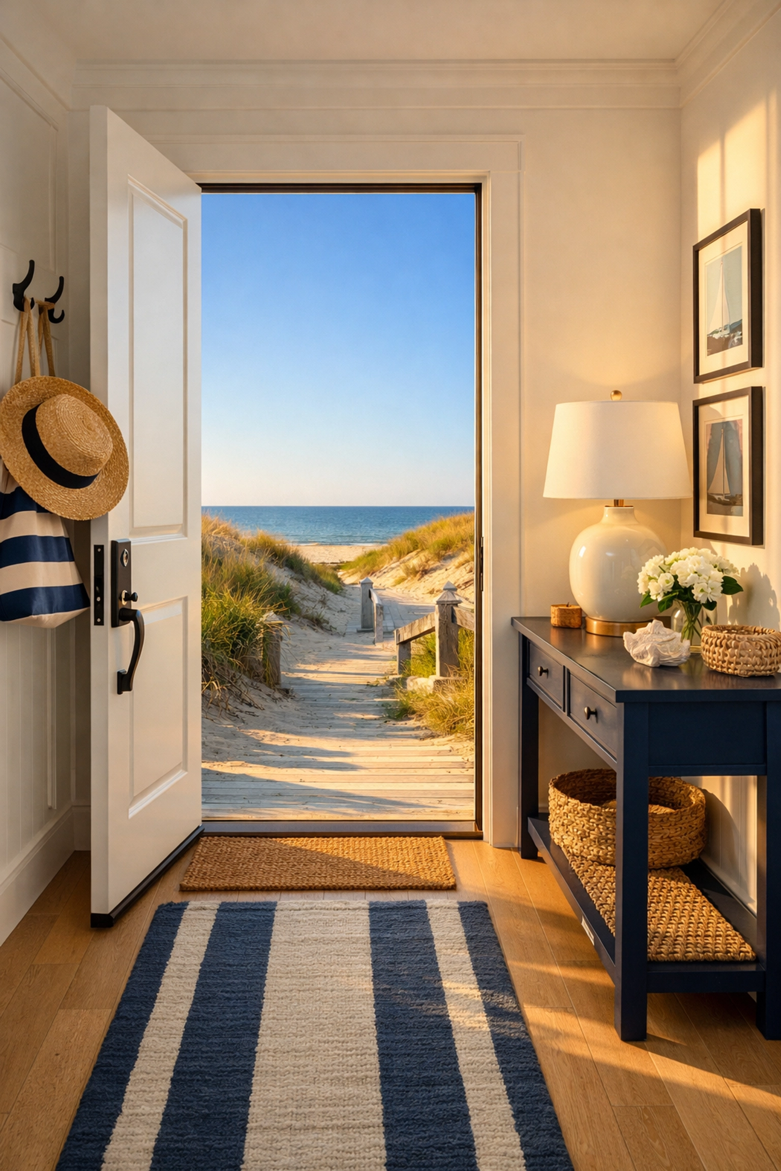 Sunlit Duxbury home entryway overlooking the beach, featuring flawlessly clean surfaces and a serene coastal atmosphere.