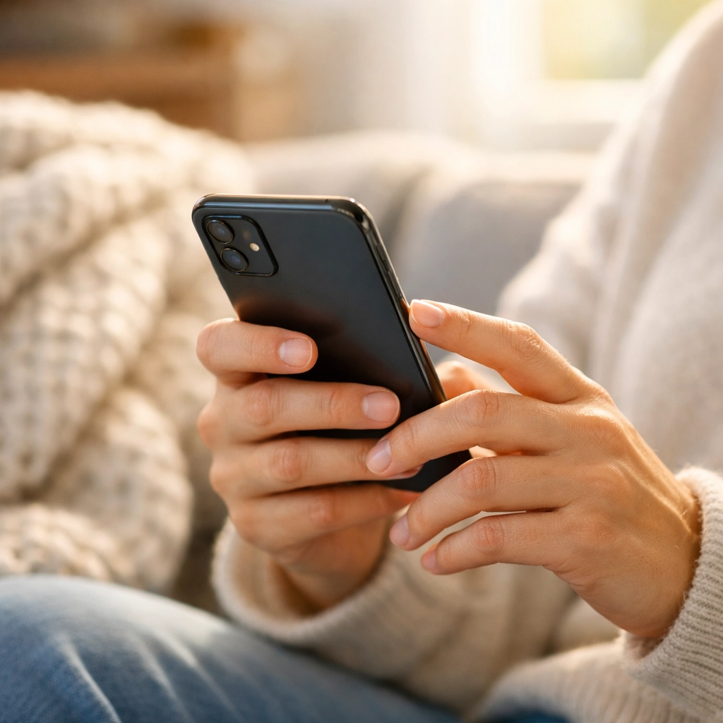 Person applying for a no credit check loan Canada on a smartphone in a cozy living room.