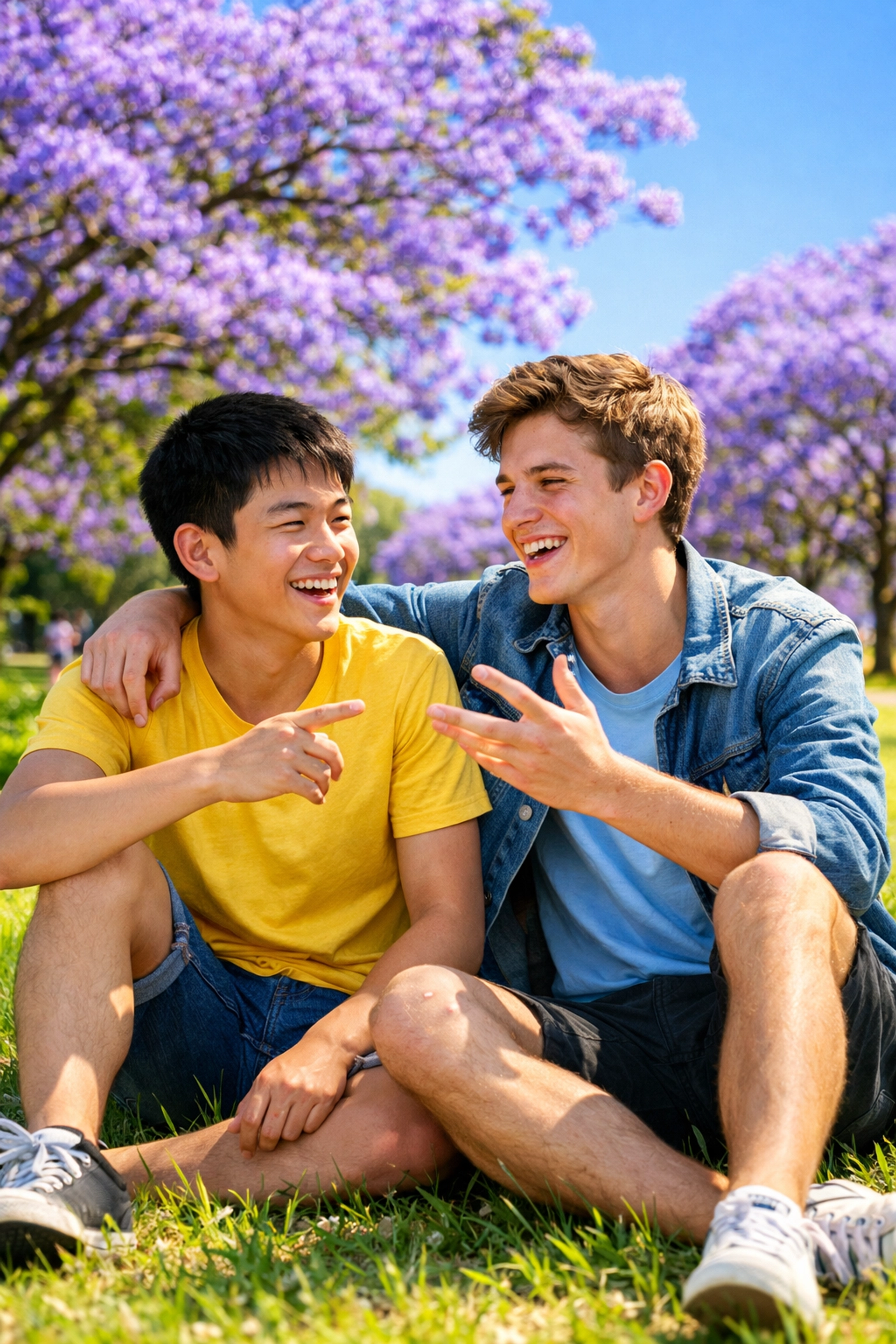 Two gay teens bonding in Sydney's Centennial Park under jacaranda trees