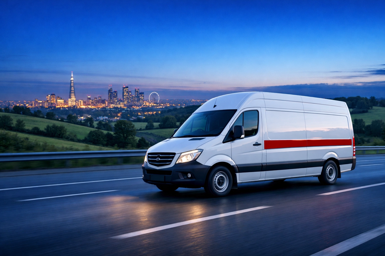 Delivery van driving between Hertfordshire and the London skyline, highlighting fast local retail logistics.