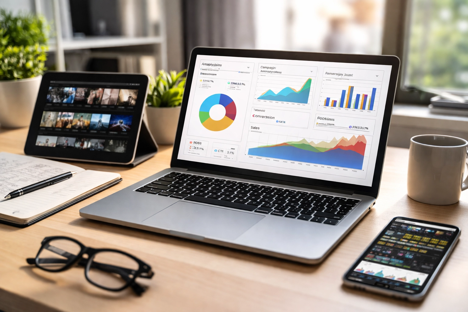 Marketing professional workspace with analytics on laptop, showcasing data-driven sports ad campaign optimization