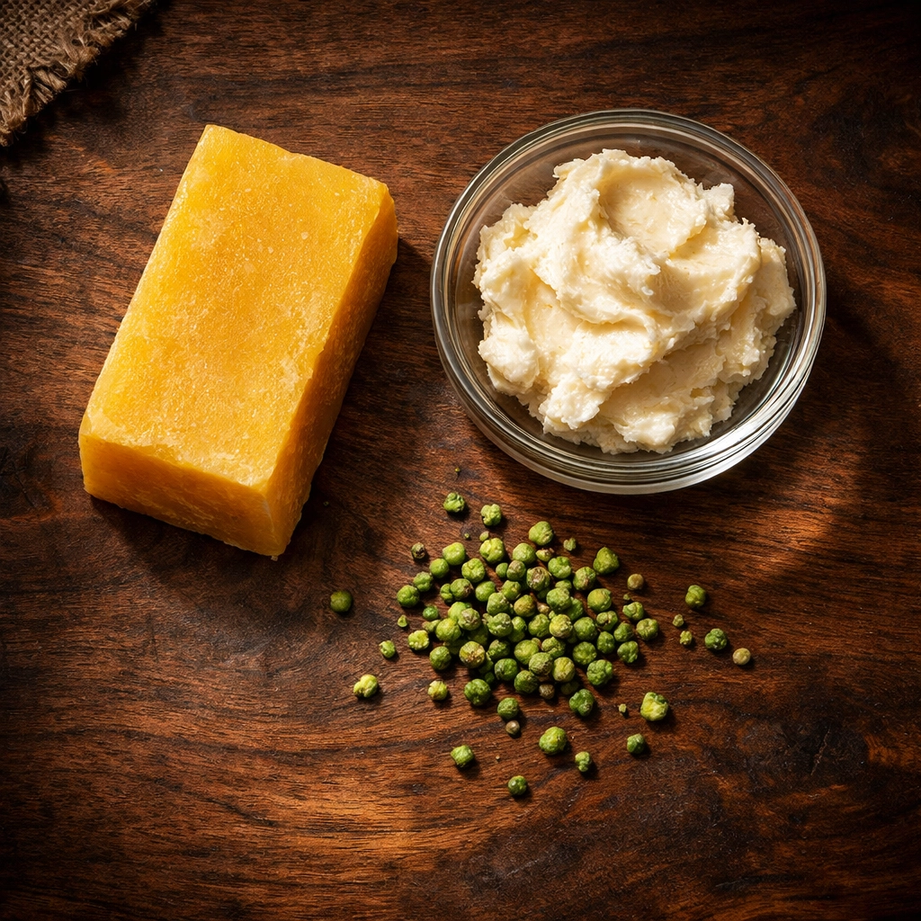 Natural beard wax ingredients like raw beeswax and shea butter on a dark wood surface.