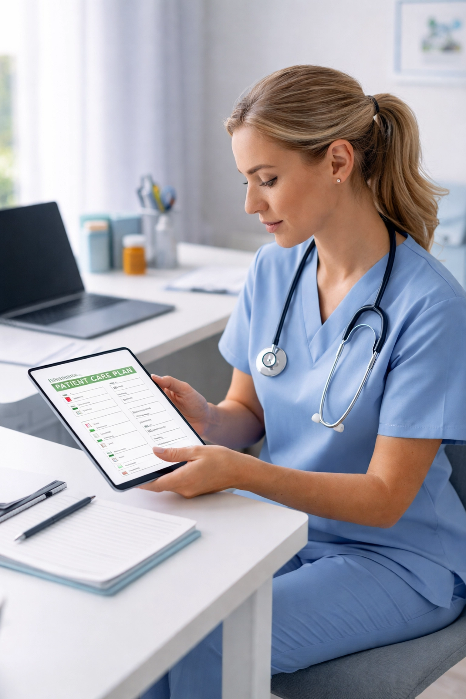 Home health nurse reviewing digital patient care plan on tablet with AI documentation tools