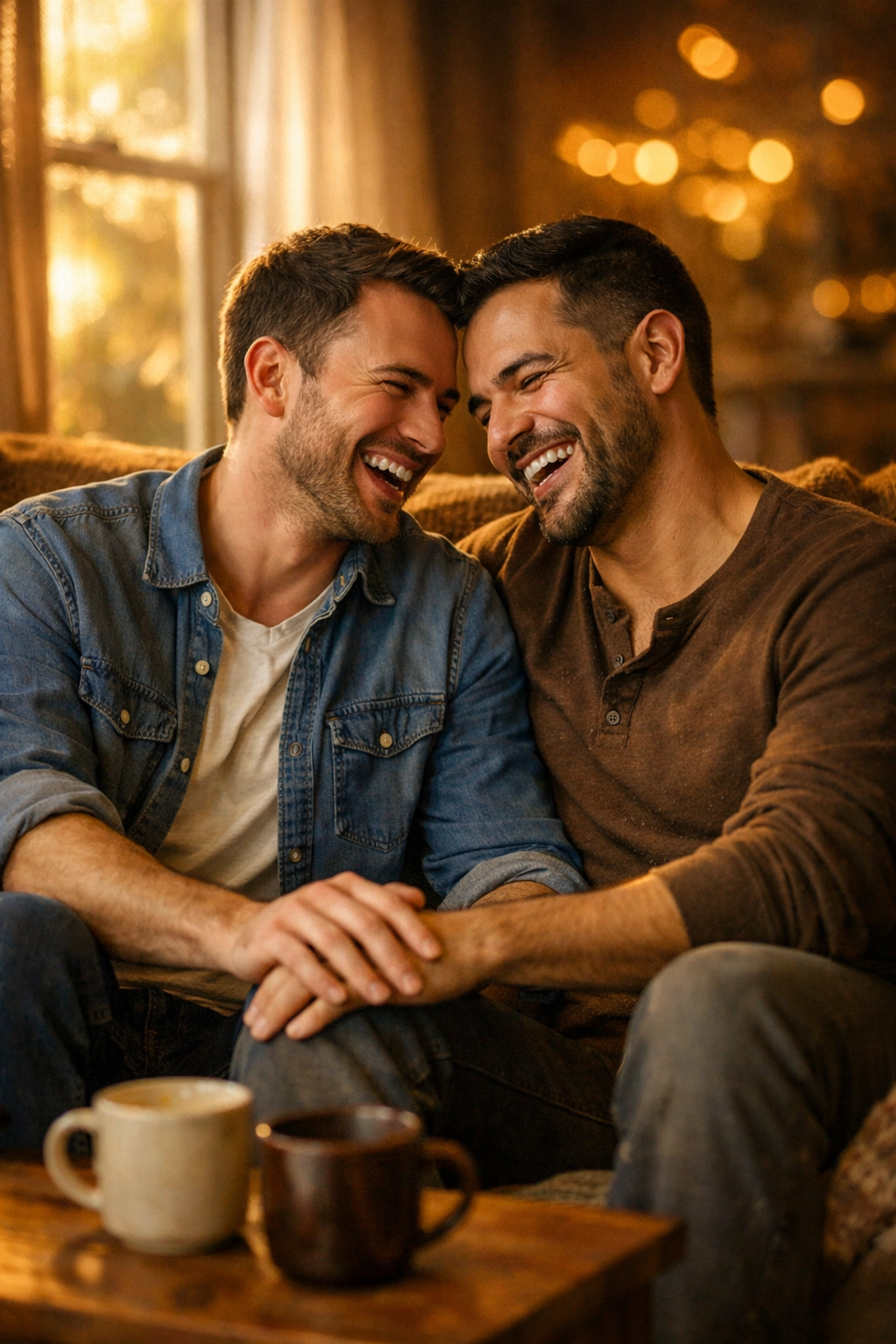Gay couple sharing intimate moment on couch keeping passion alive in long-term relationship