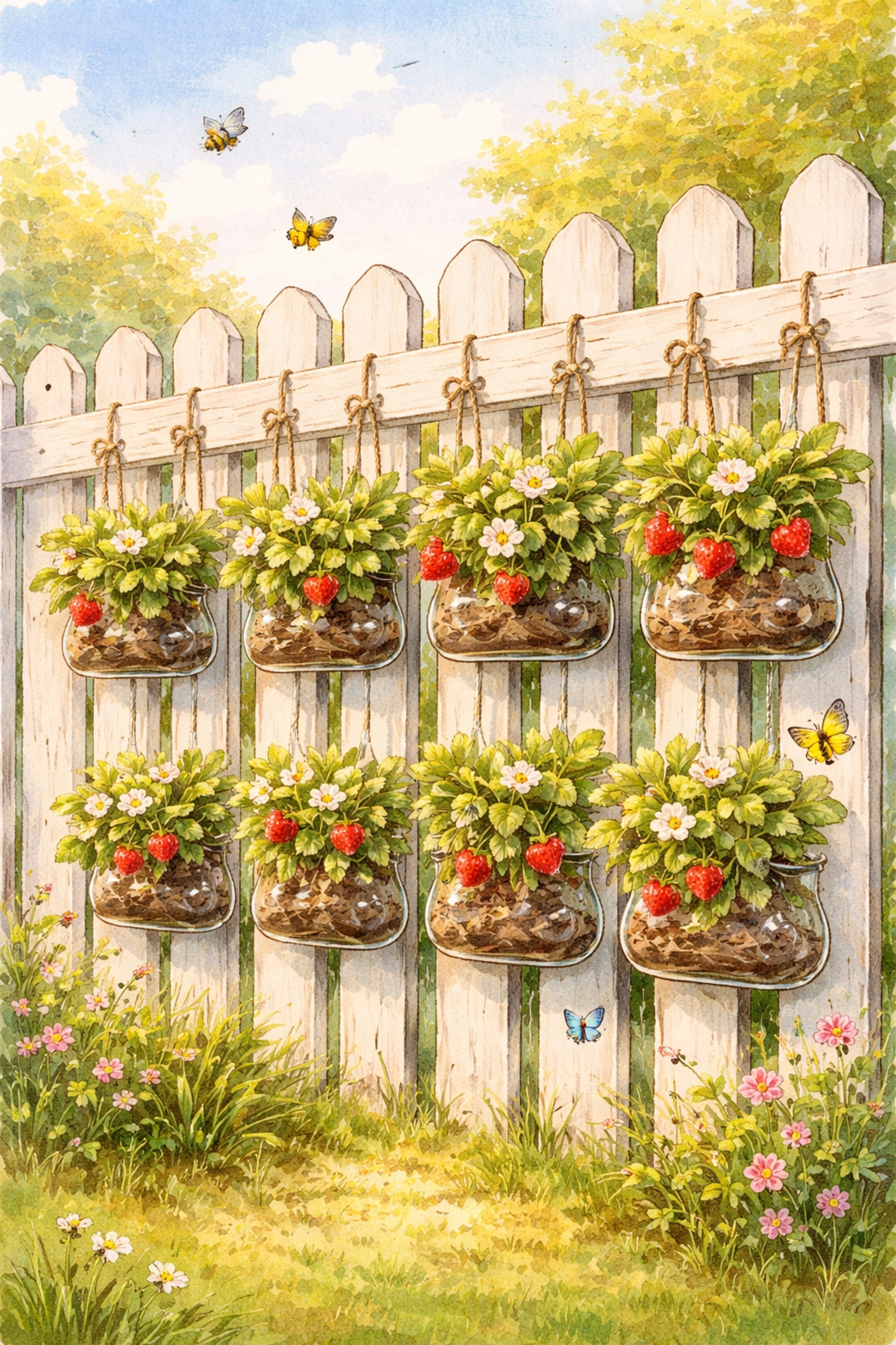 Nostalgic illustration of a vertical strawberry garden wall made from recycled bottles on a fence, featuring lush strawberry plants and pollinators.