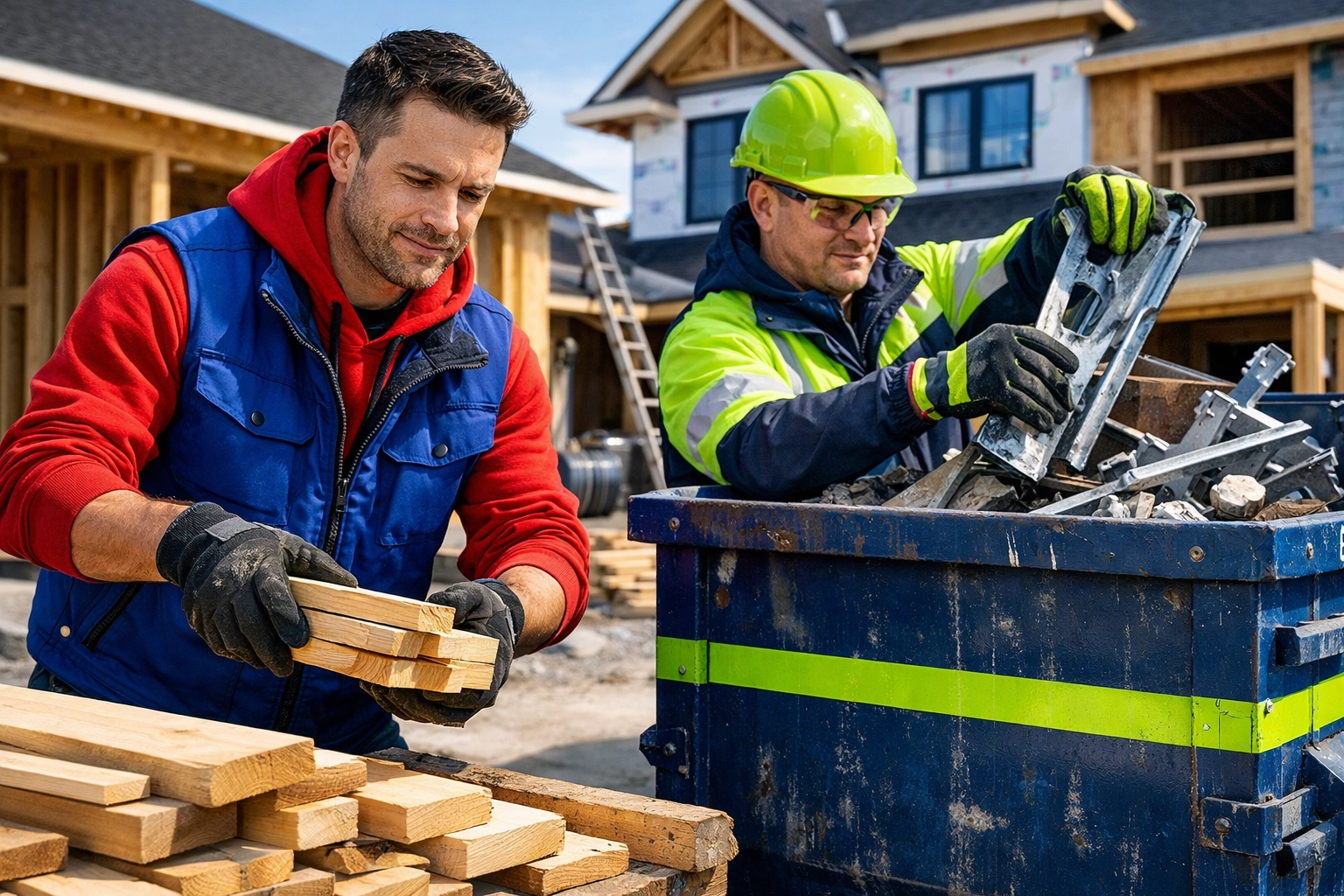 Junk GTA team sorting construction debris and scrap metal for recycling on a Newmarket job site.