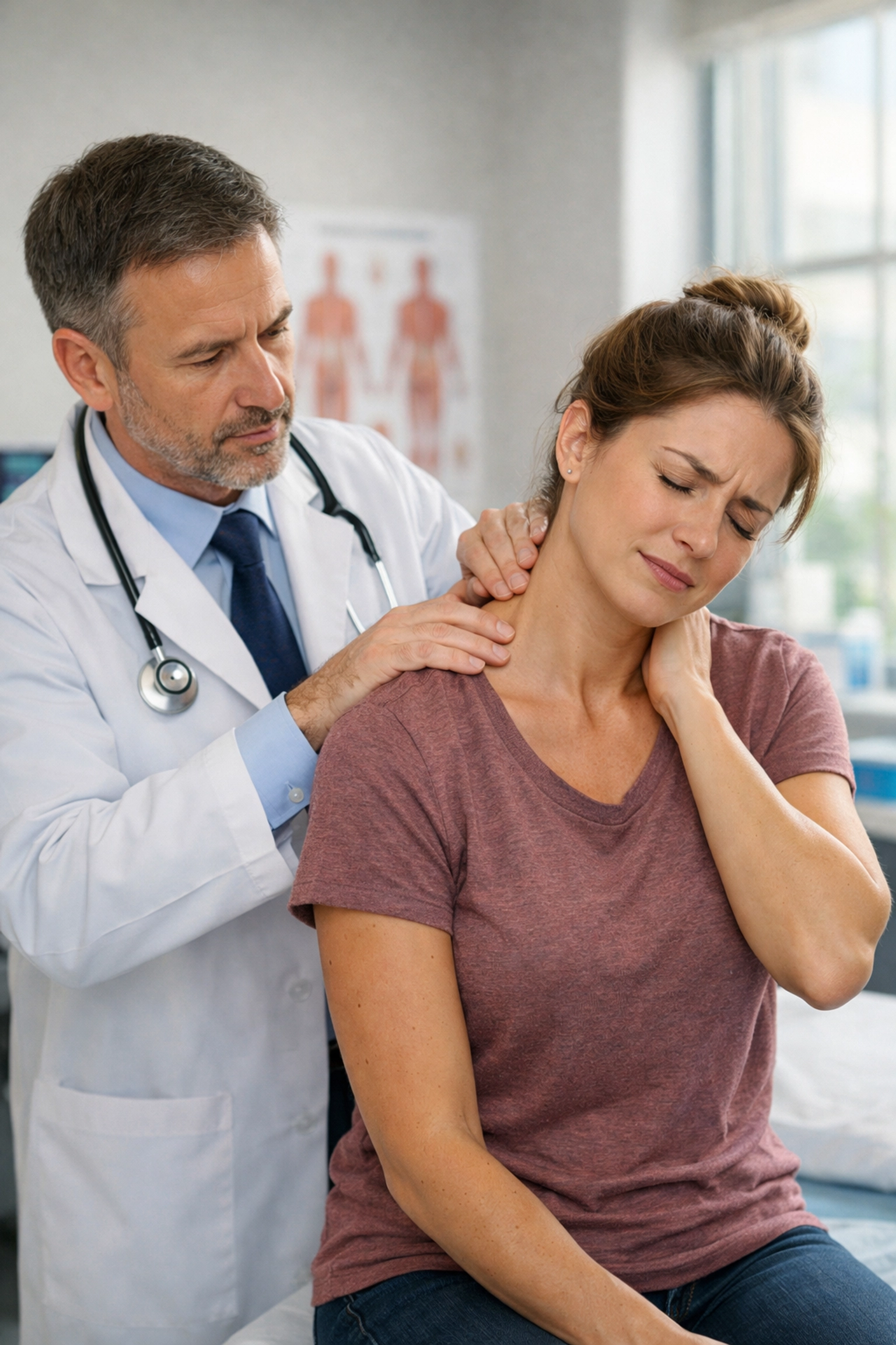 Doctor examining patient's neck injury after car accident in medical office
