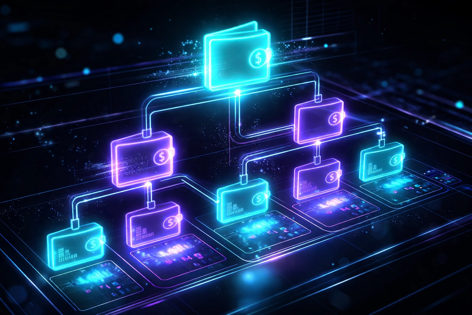 Hierarchical dashboard showing Larecoin master and sub-wallets for streamlined merchant treasury management