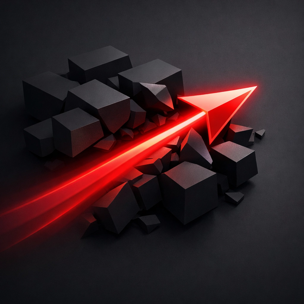 Red arrow cutting through geometric blocks symbolizing a business navigating AI overview search visibility.
