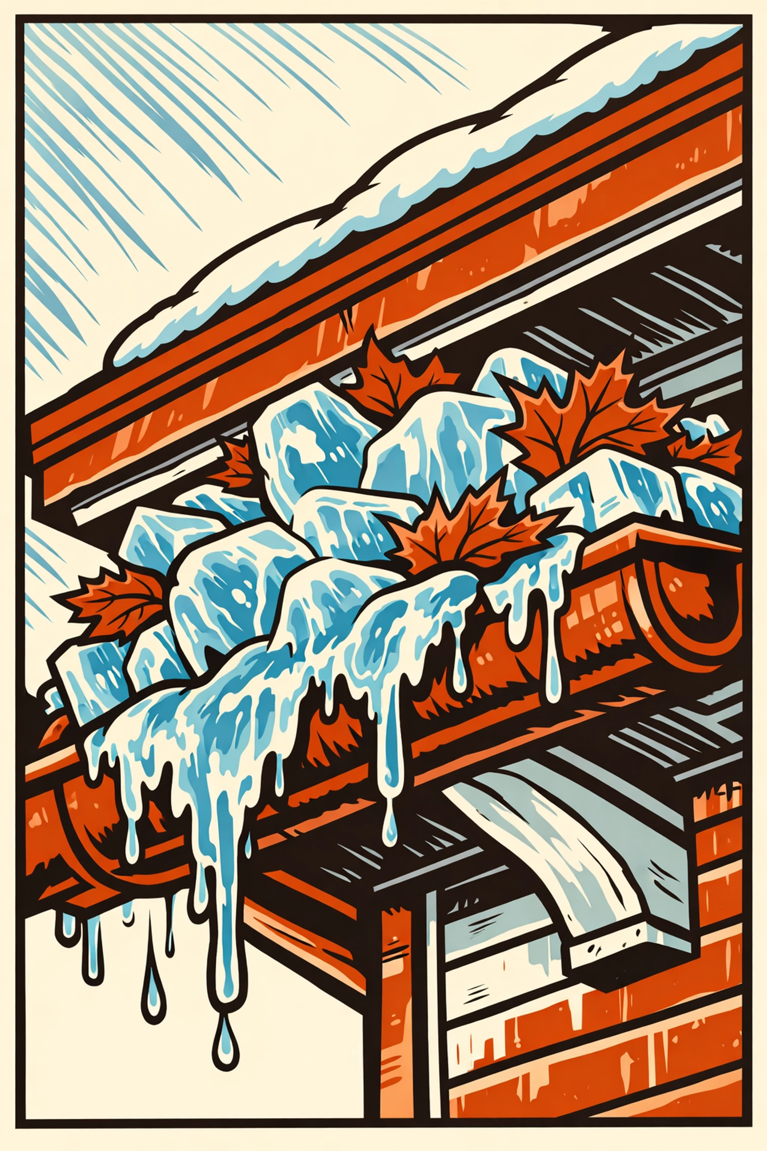 Low-angle view of clogged gutters overflowing with frozen debris and ice on a Northwood home.