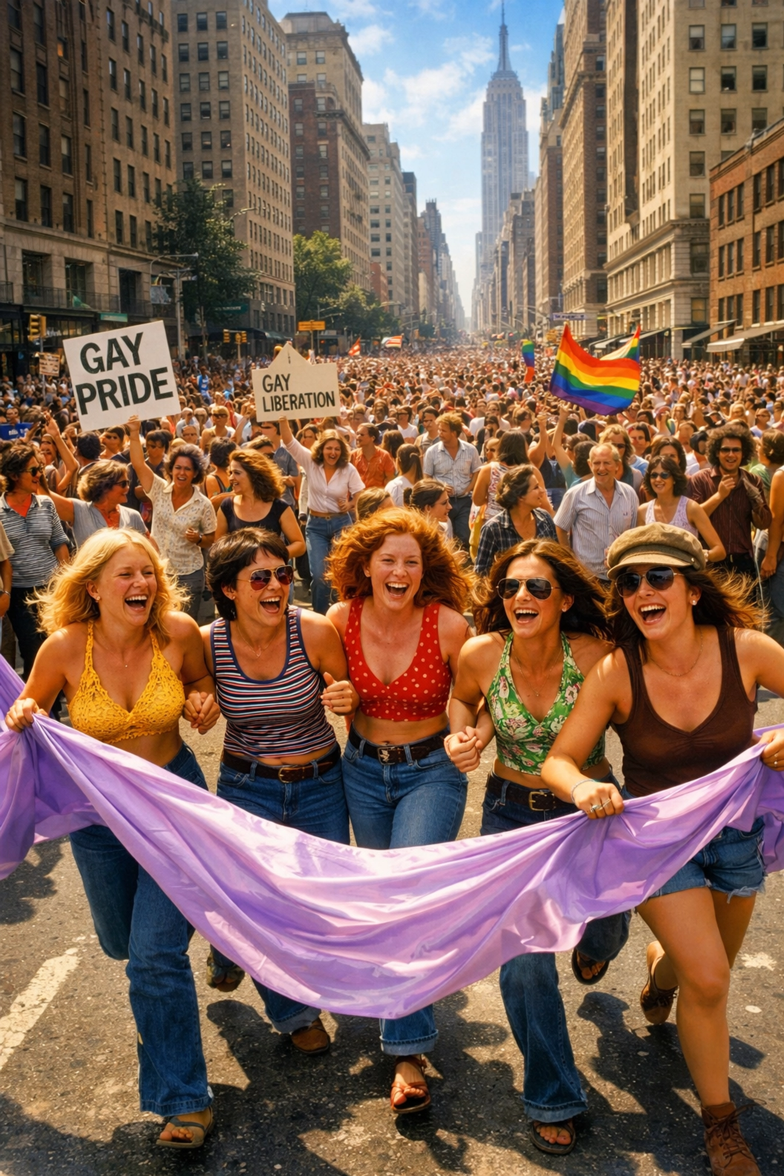 A joyful crowd celebrates at the 1970 Christopher Street Liberation Day march through New York City.