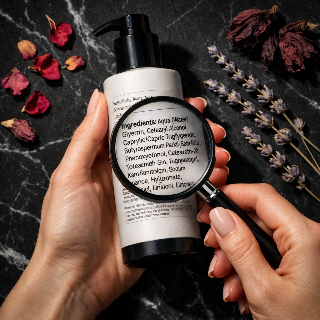 Examining skincare ingredient label with magnifying glass to spot greenwashing tactics
