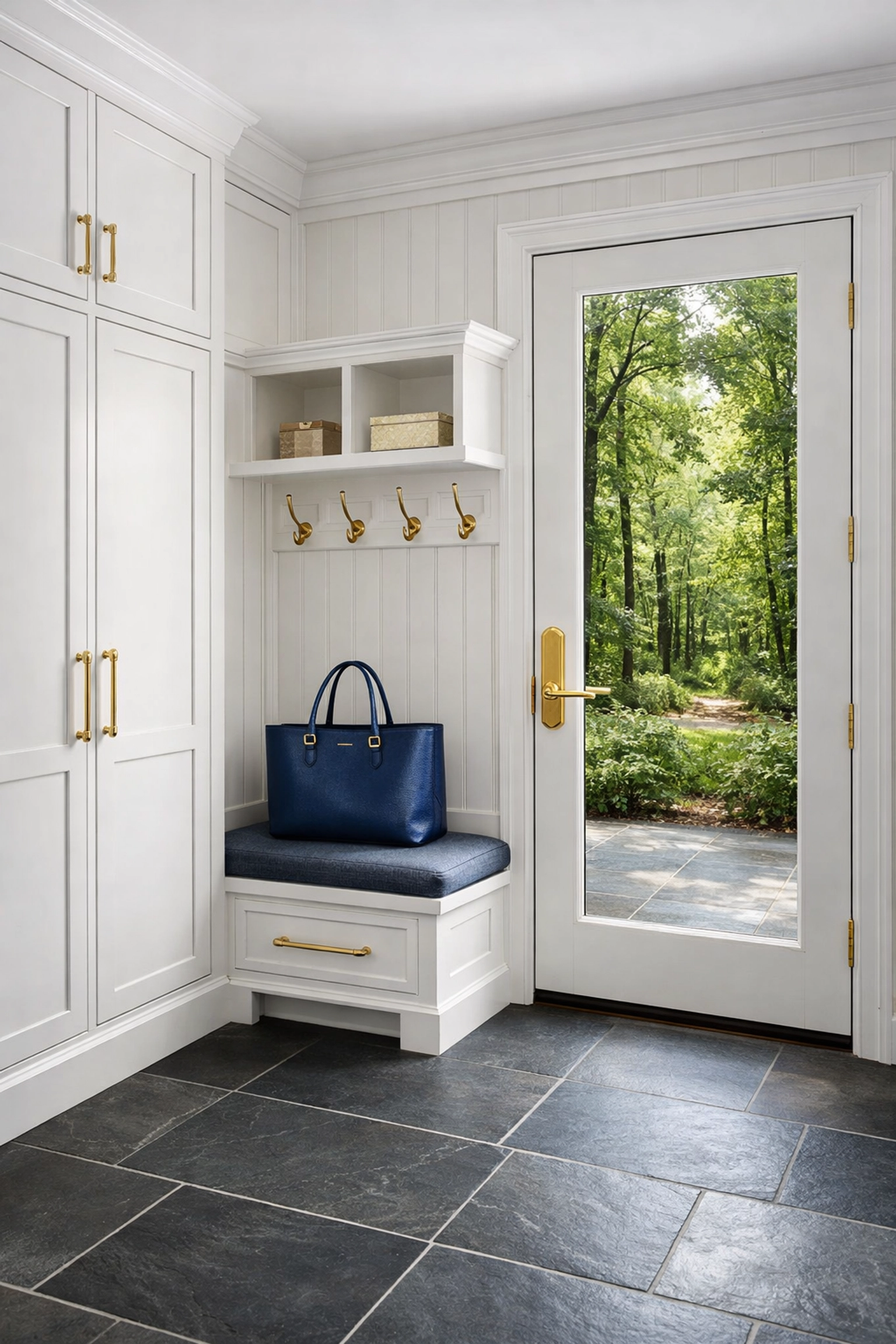 Impeccably clean Dover mudroom with slate floors overlooking the Noanet Woodlands after professional cleaning.