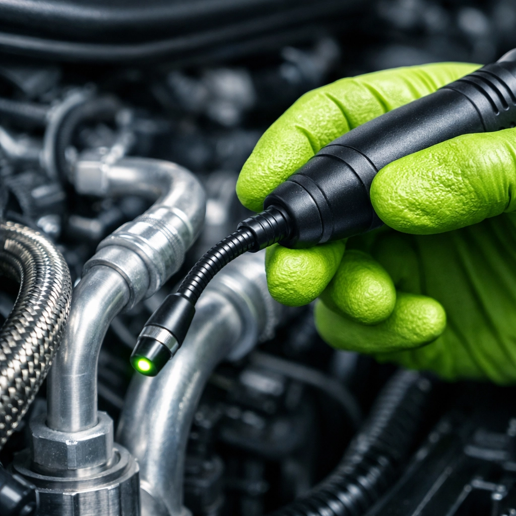 Professional technician uses an electronic leak detector to find car AC leaks in Alexandria, VA.