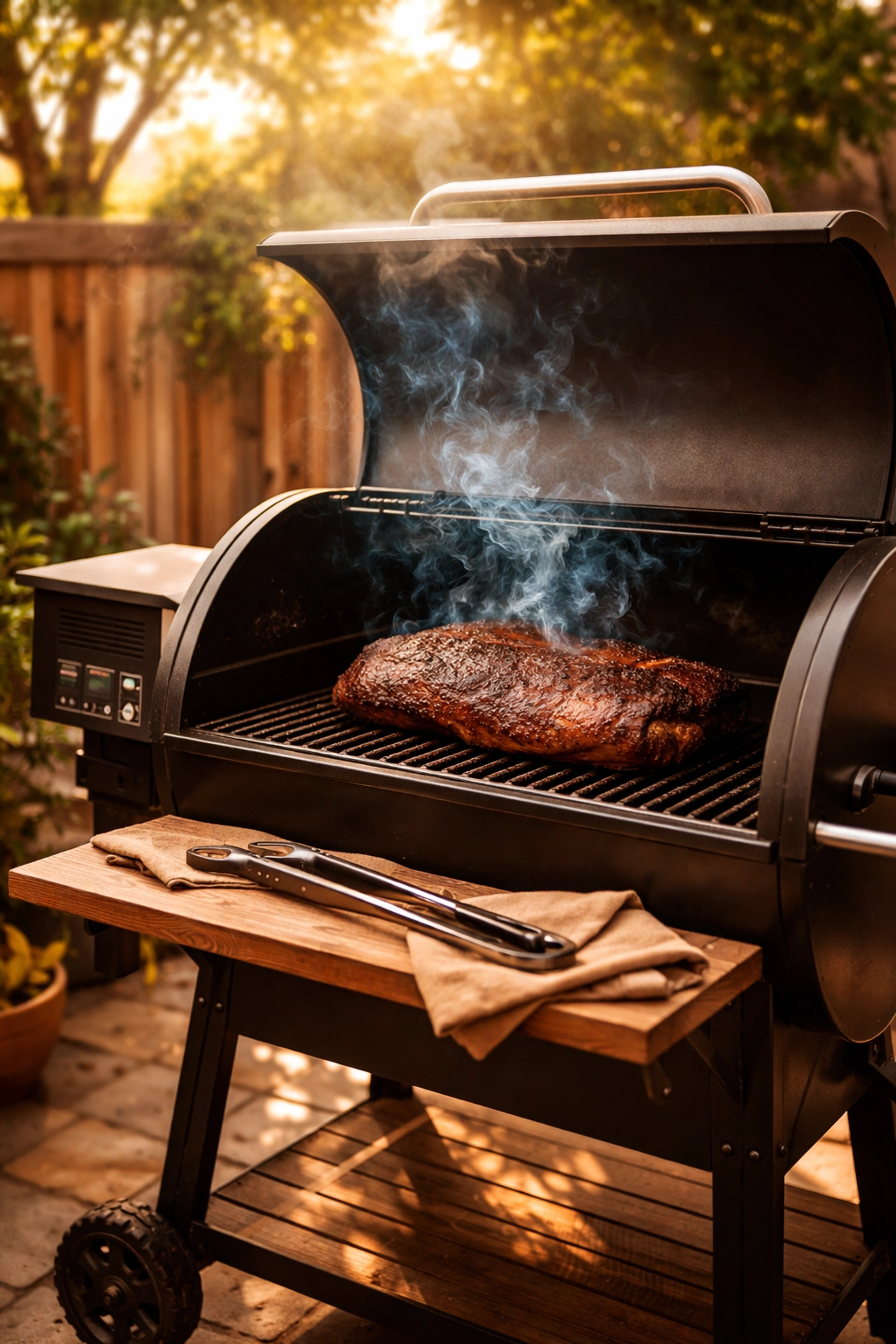 Pellet grill with thin blue smoke and brisket on a rustic patio, perfect for smoke flavor in BBQ.